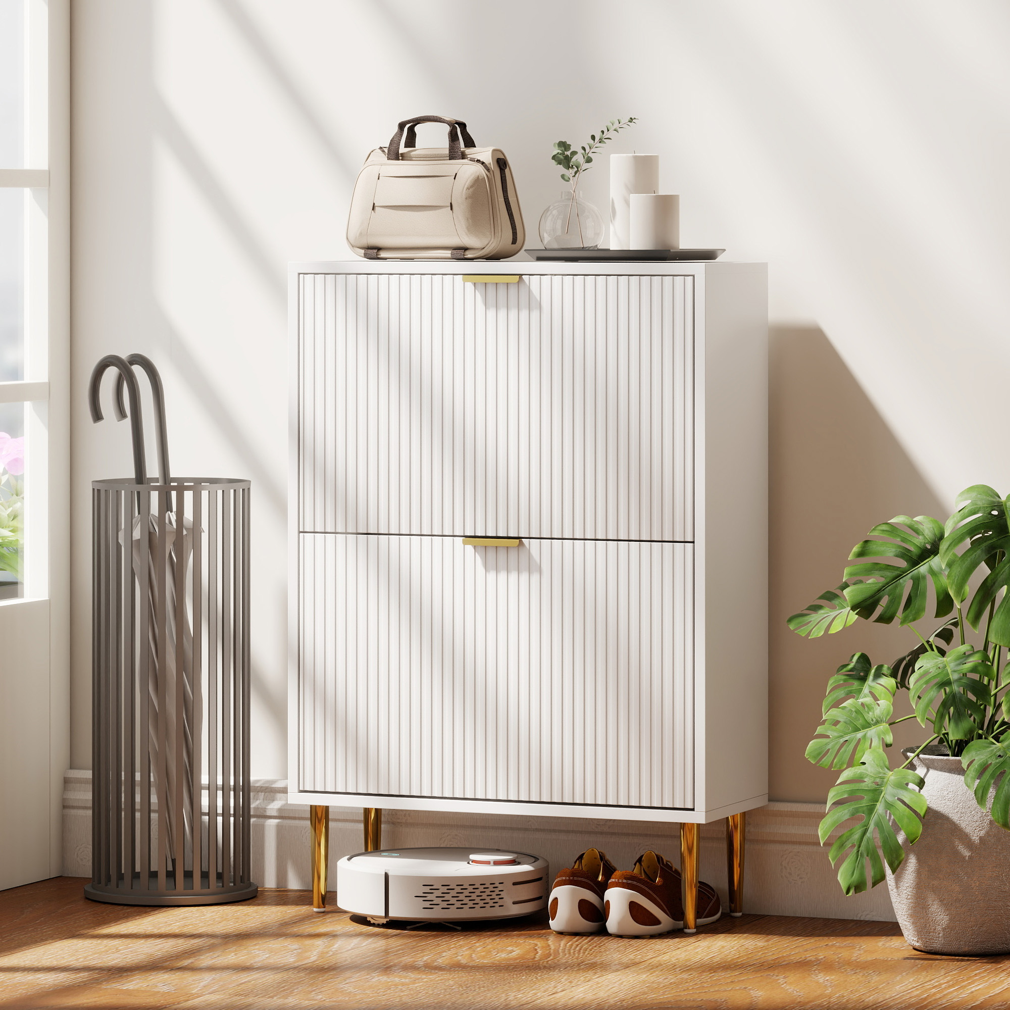  Dulap Slim pentru 12 Perechi de Pantofi, cu 2 Sertare Rabatabile si Rafturi Reglabile, 60x24x91.5 cm, Alb [7]