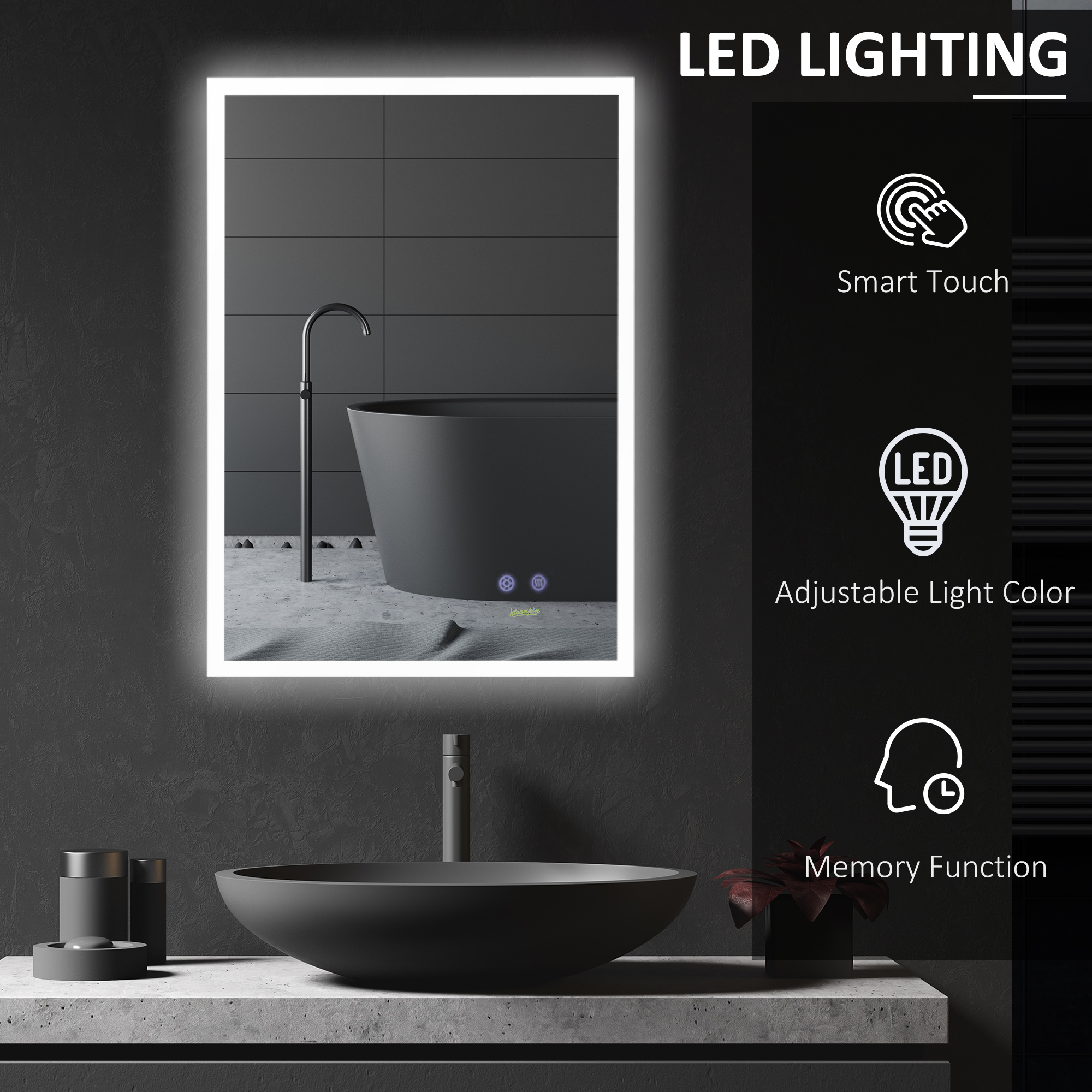  Oglinda de baie cu LED 70x50 cm, oglinda de cosmetica cu iluminare pentru perete, cu 3 lumini reglabile, plug-in, argintiu [4]