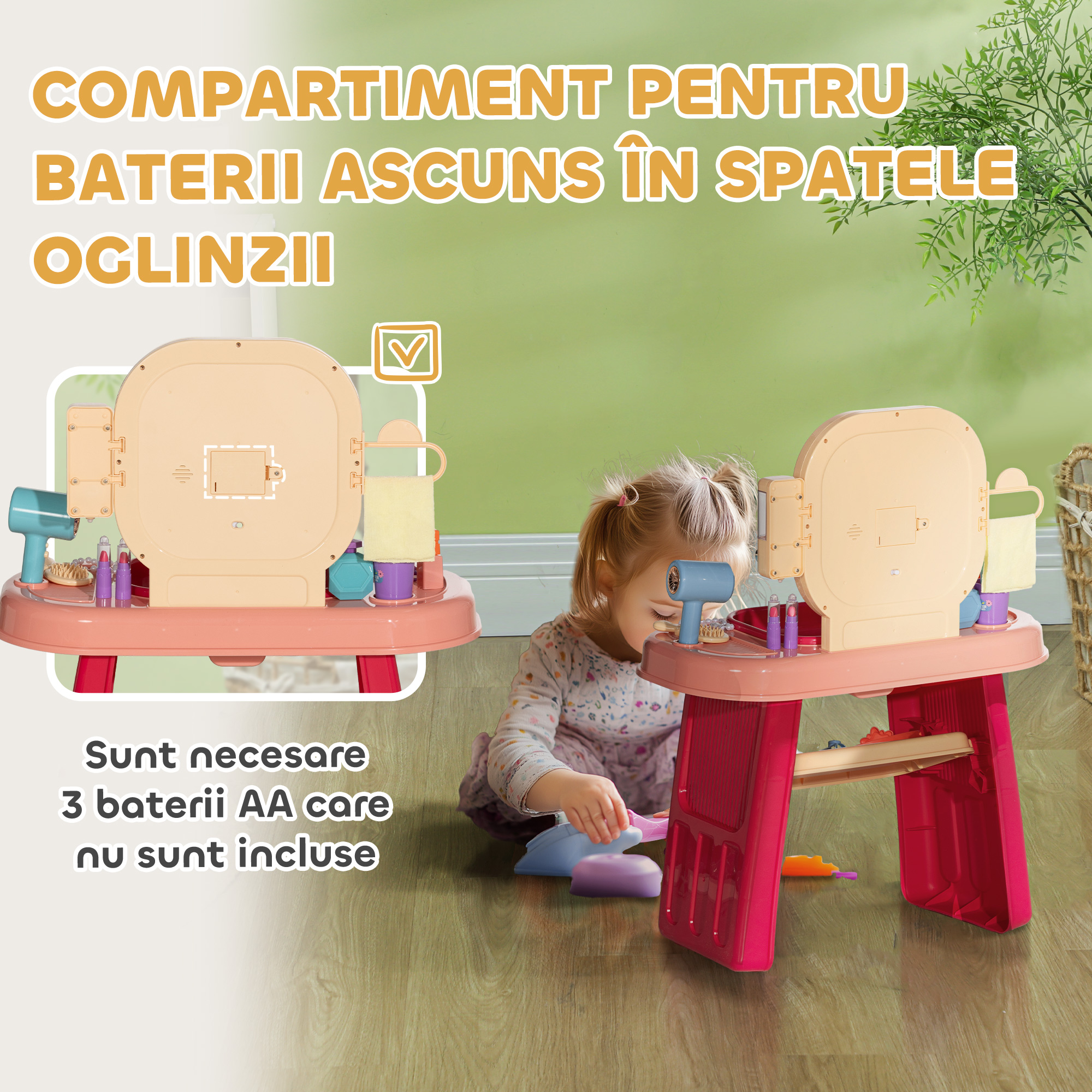  Masa de Toaleta pentru Fetite 3-6 Ani cu Oglinda din Acrilic si Robinet, Jucarie pentru Copii din Plastic, 55x29x71 cm, Roz [6]