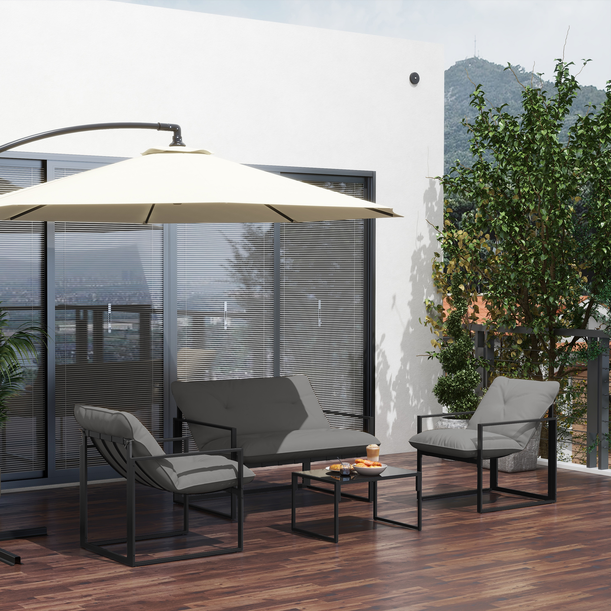  Set de Gradina 4 Piese cu Canapea, 2 Fotolii si Masuta, din Otel, Poliester si Bumbac PP, Negru si Gri [7]