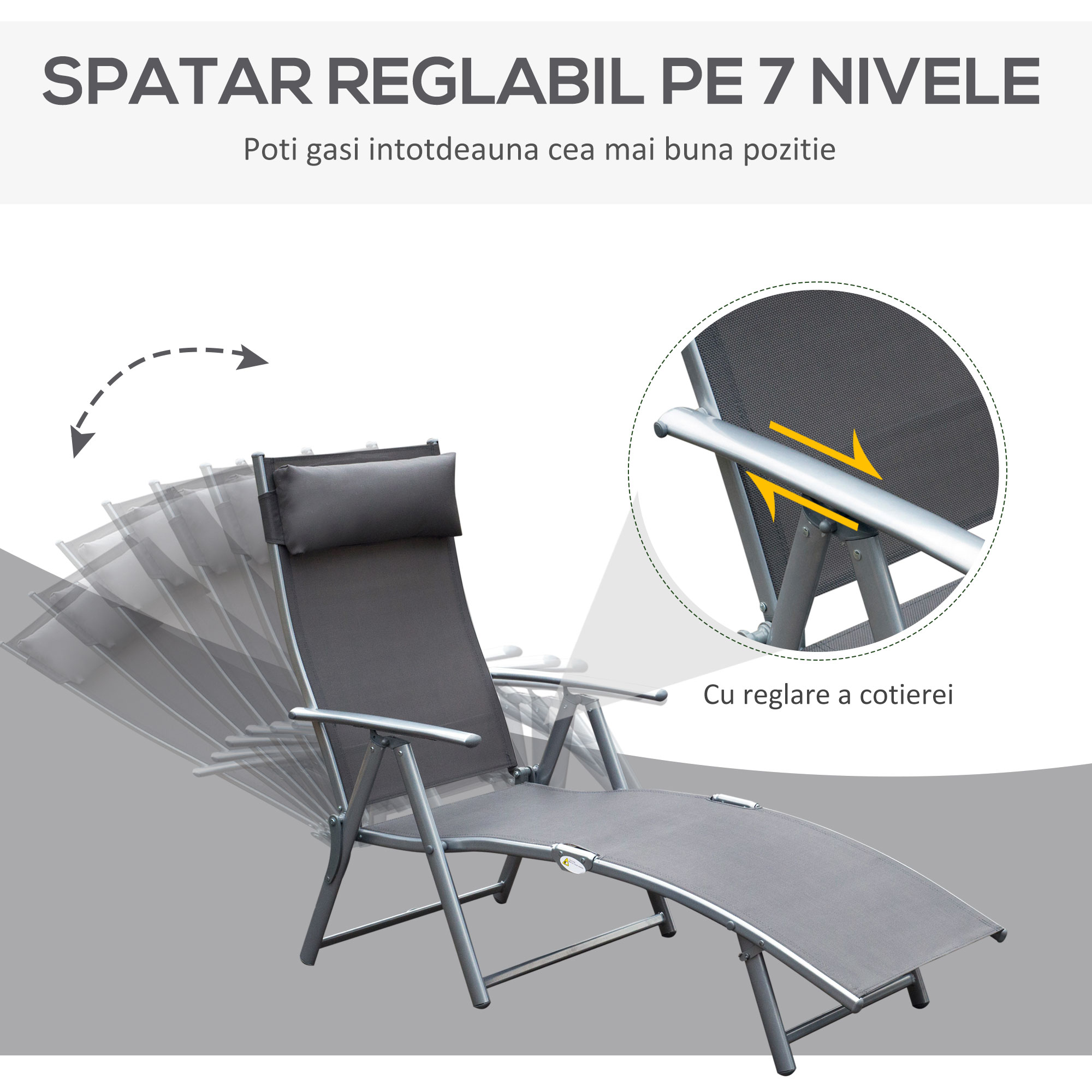  Sezlong Relax Pliabil Schelet in Metal 137x63.5x100.5cm Gri [3]