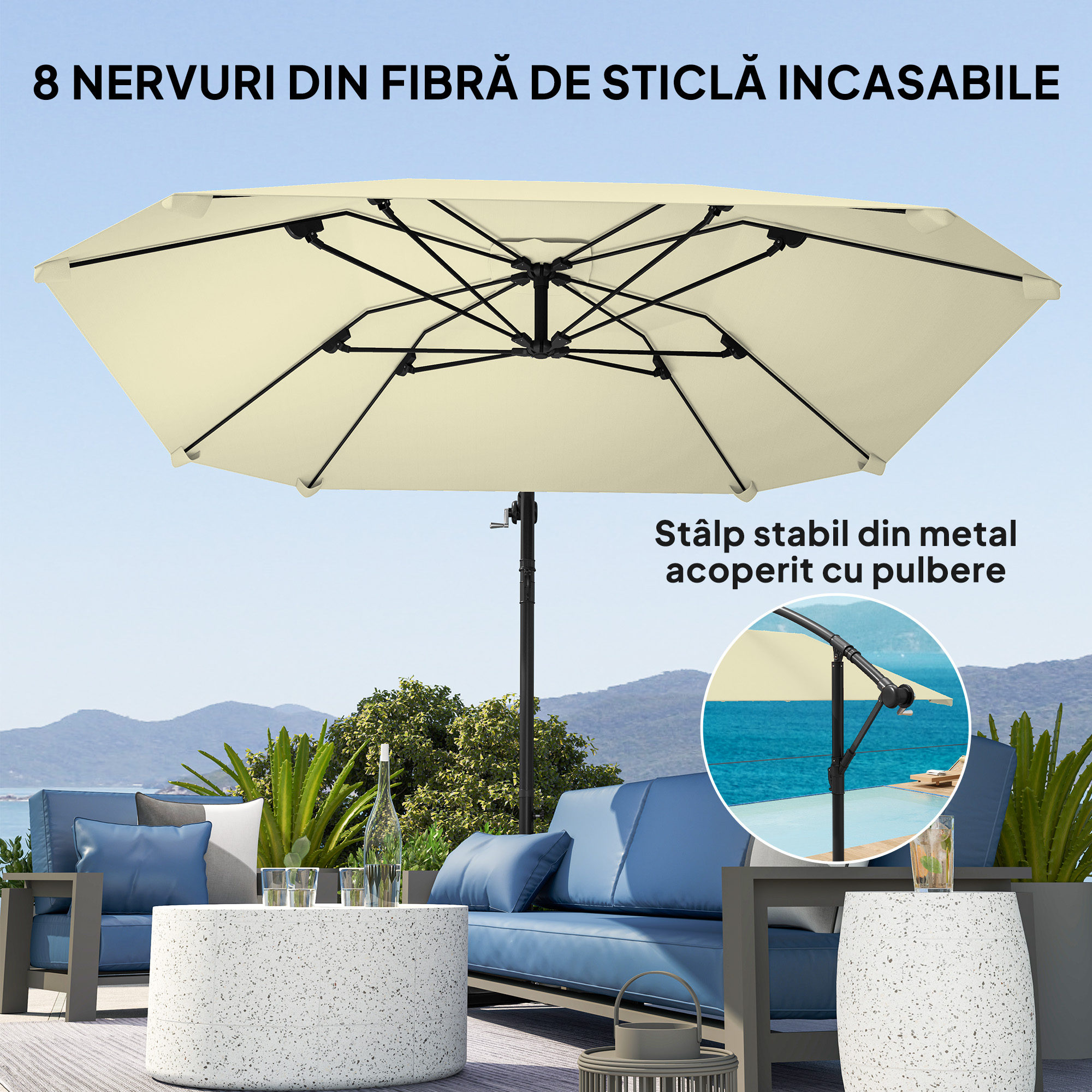  Umbrela de Soare Suspendata cu Baza in Cruce, Articulatie Tip Banana si Manivela, 304x260x245 cm, Alb Crem [3]