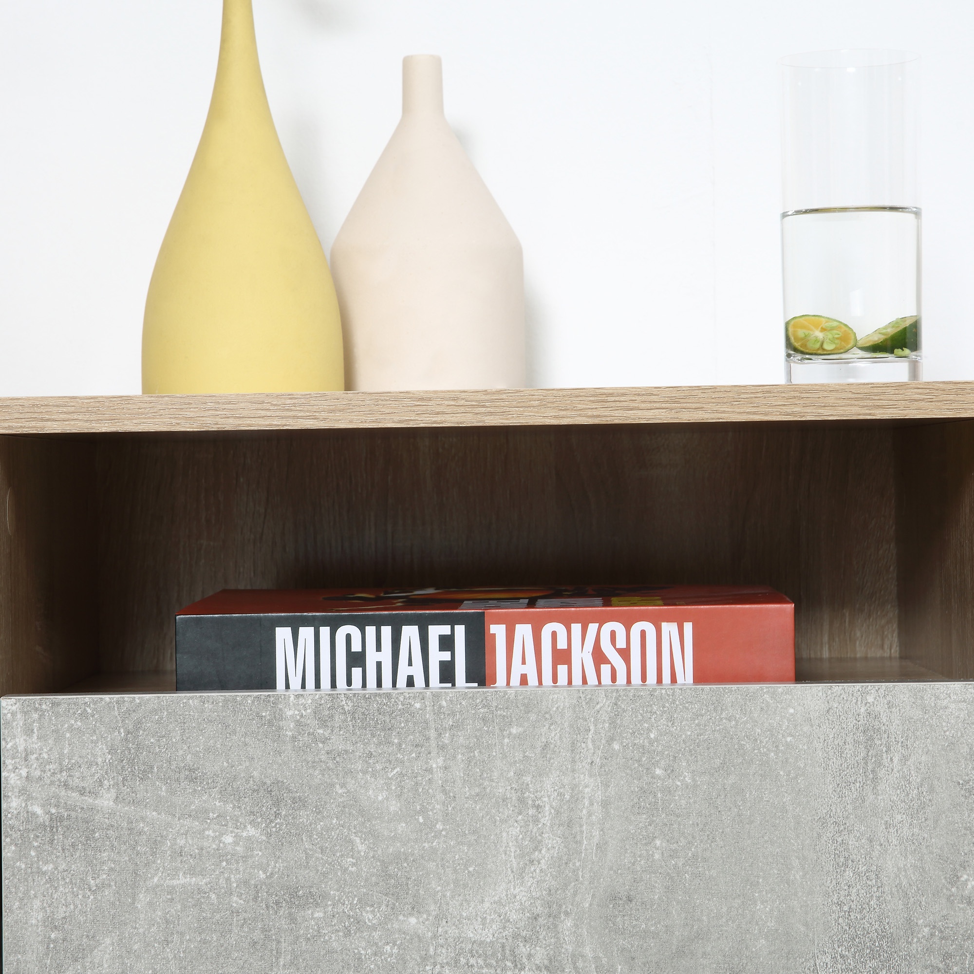  Set de 2 Noptiere Suspendate cu Sertar si Etajera 45x35x27.5cm - Gri/Culoare Lemn [5]