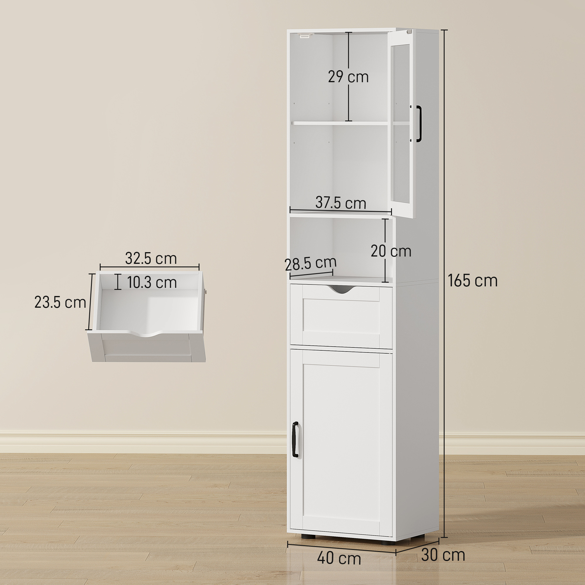  Coloana Baie din Lemn cu 2 Dulapuri, Sertar si Raft Deschis, 40x30x165 cm, Alb [2]
