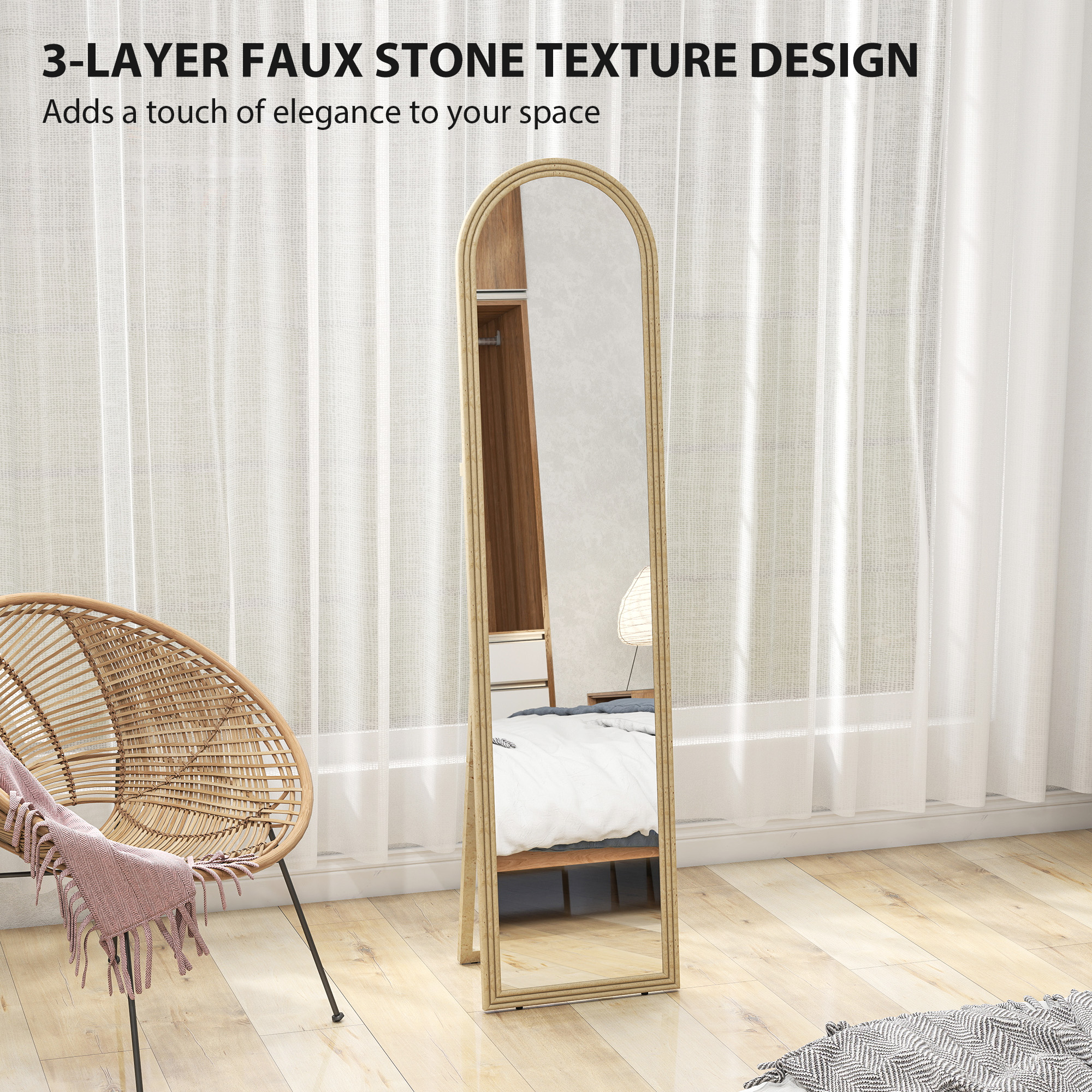 Oglinda  de Podea si de Perete cu Suport, efect de Piatra, 40x160cm, Bej. [4]