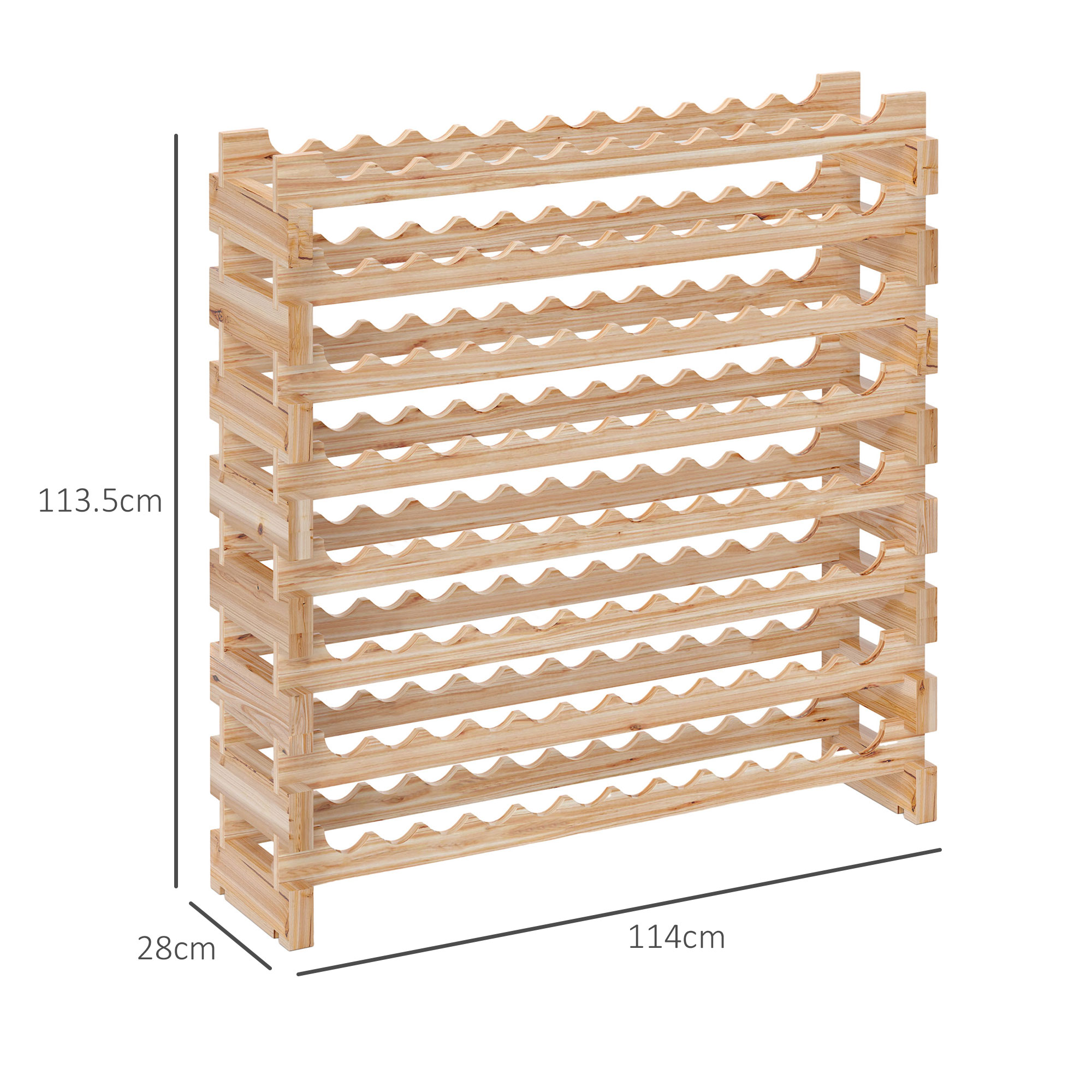  Raft din Lemn de Molid, Dulap pentru 96 Sticle cu 8 Rafturi, Greutate Maxima 100 kg, 114x28x113,5 cm, Lemn Natural [2]