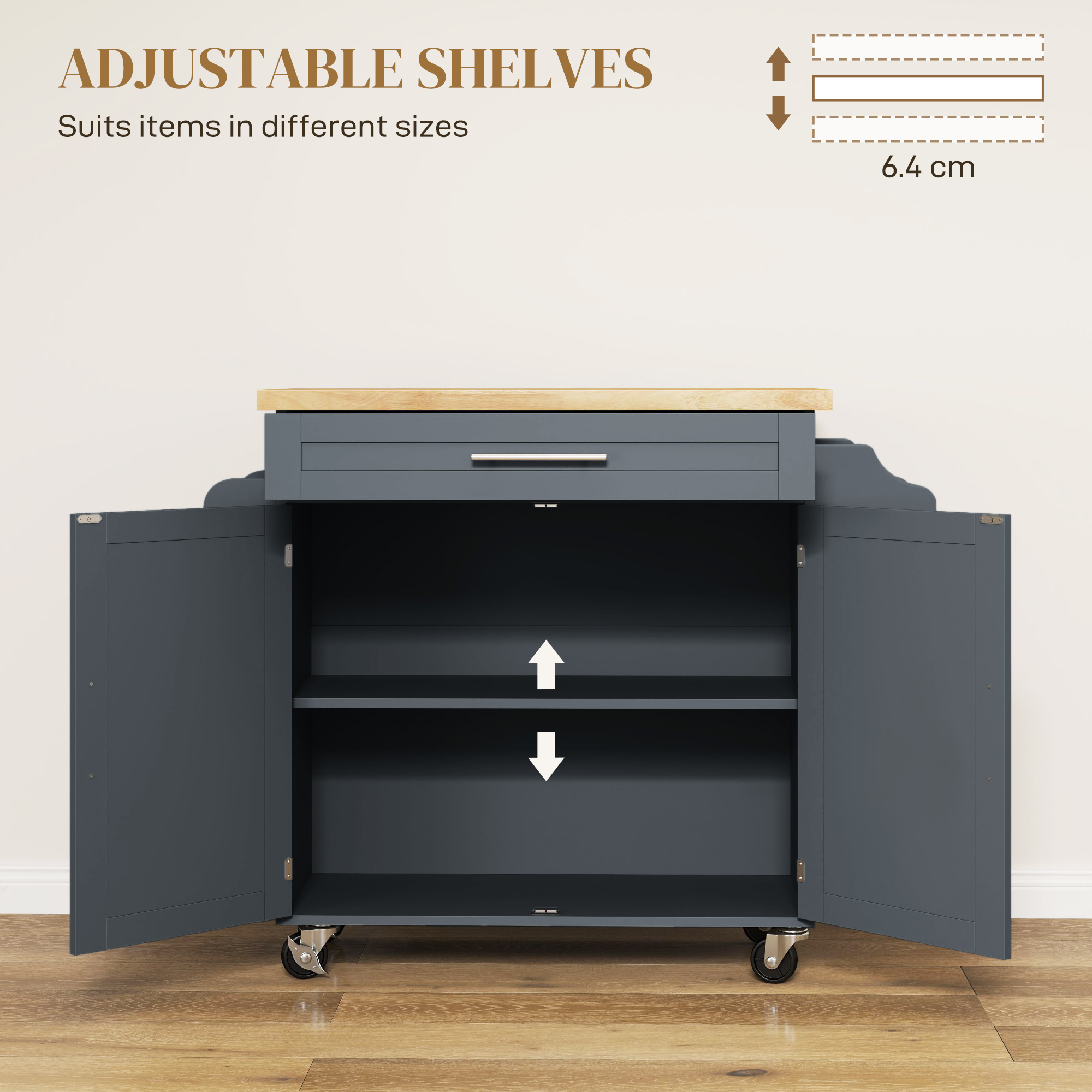  Carucior Multifunctional de Bucatarie cu Sertar, Roti, Suport pentru Condimente si Dulapior, 109x40x89 cm, Gri [4]