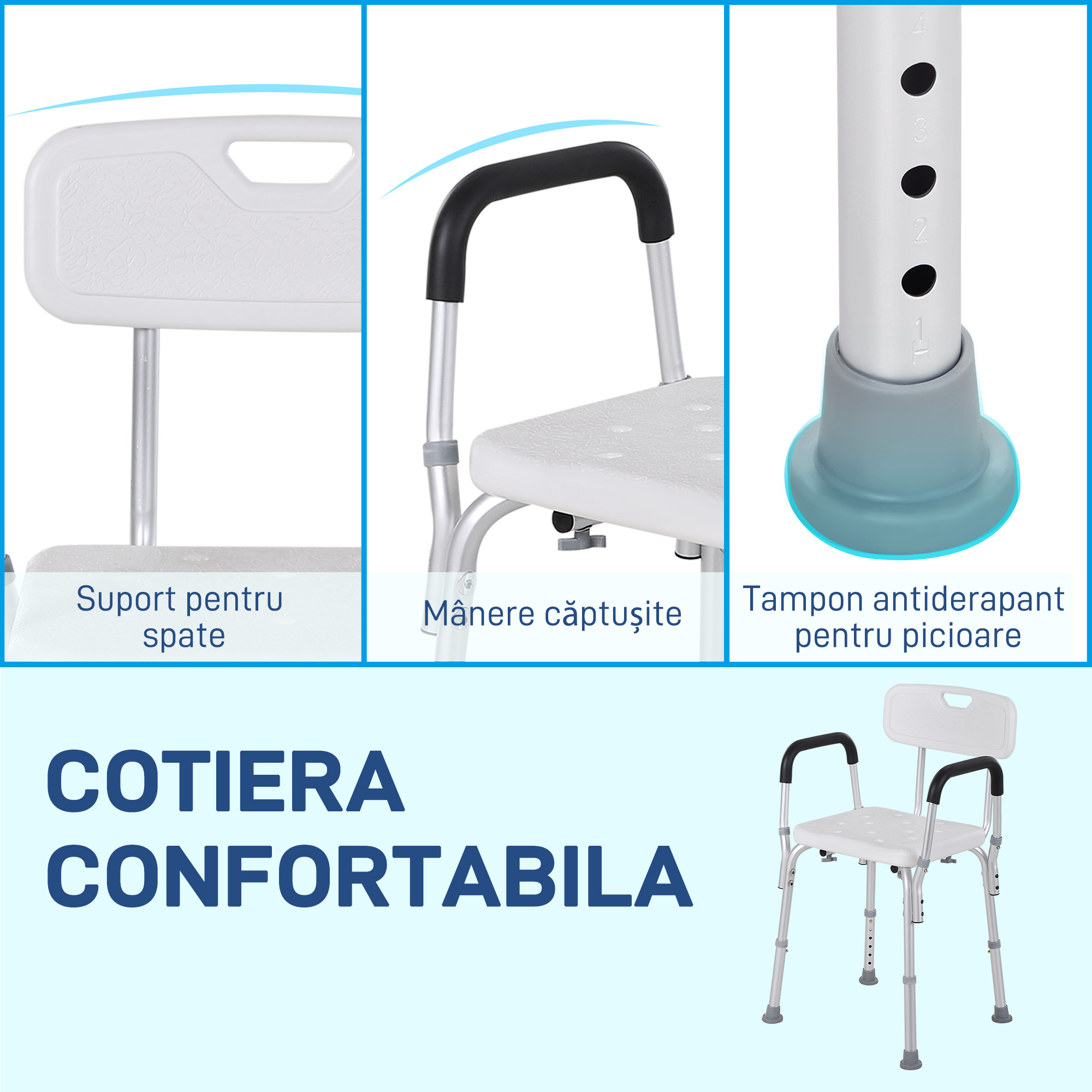  Scaun de Dus cu Spatar, Brate, inaltime Reglabila si Picioare Antiderapante, 51,5x51,5x71-84 cm, Alb [4]