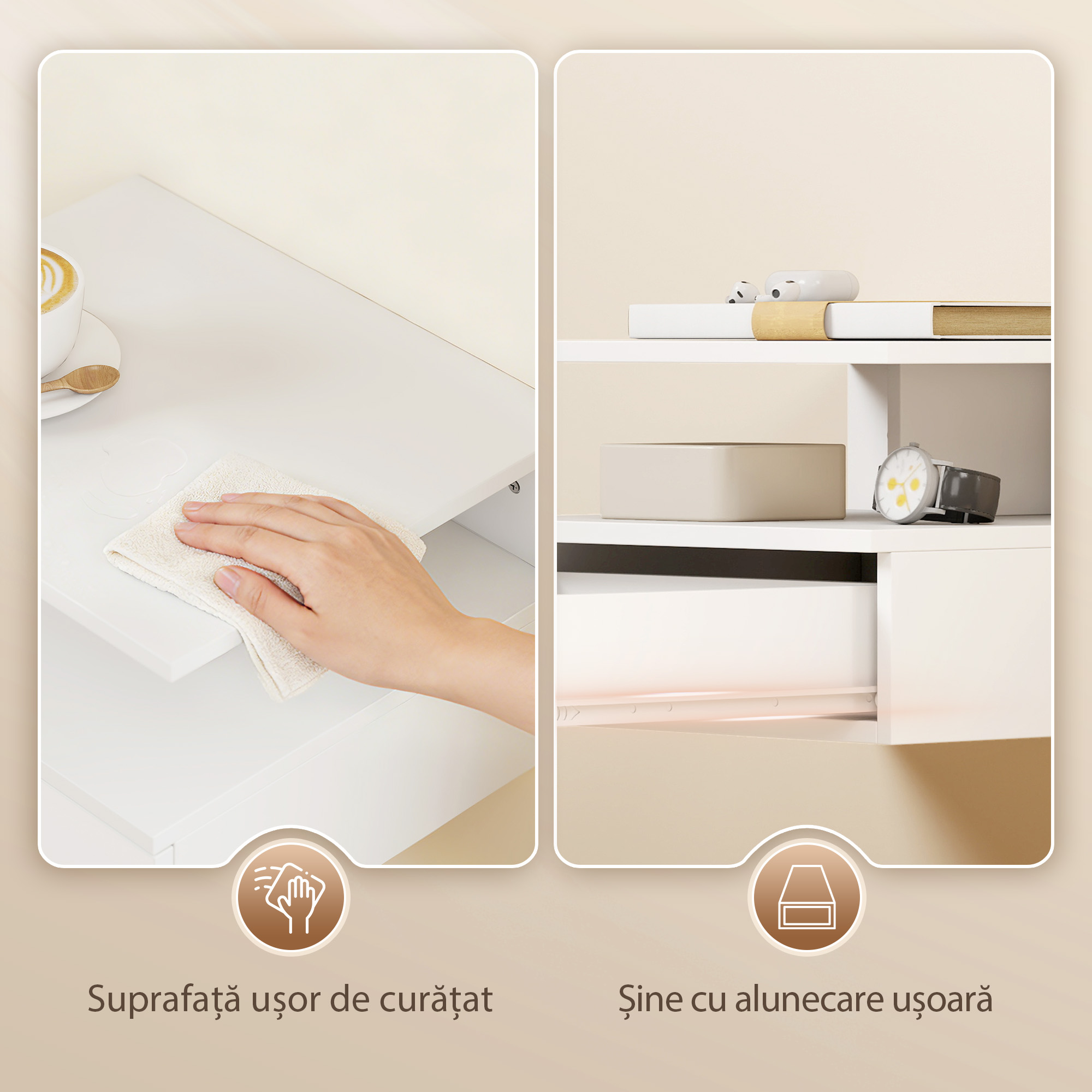  Set de 2 Noptiere Suspendate cu Sertar si Raft Deschis, 35x32x22,5 cm, Alb [6]