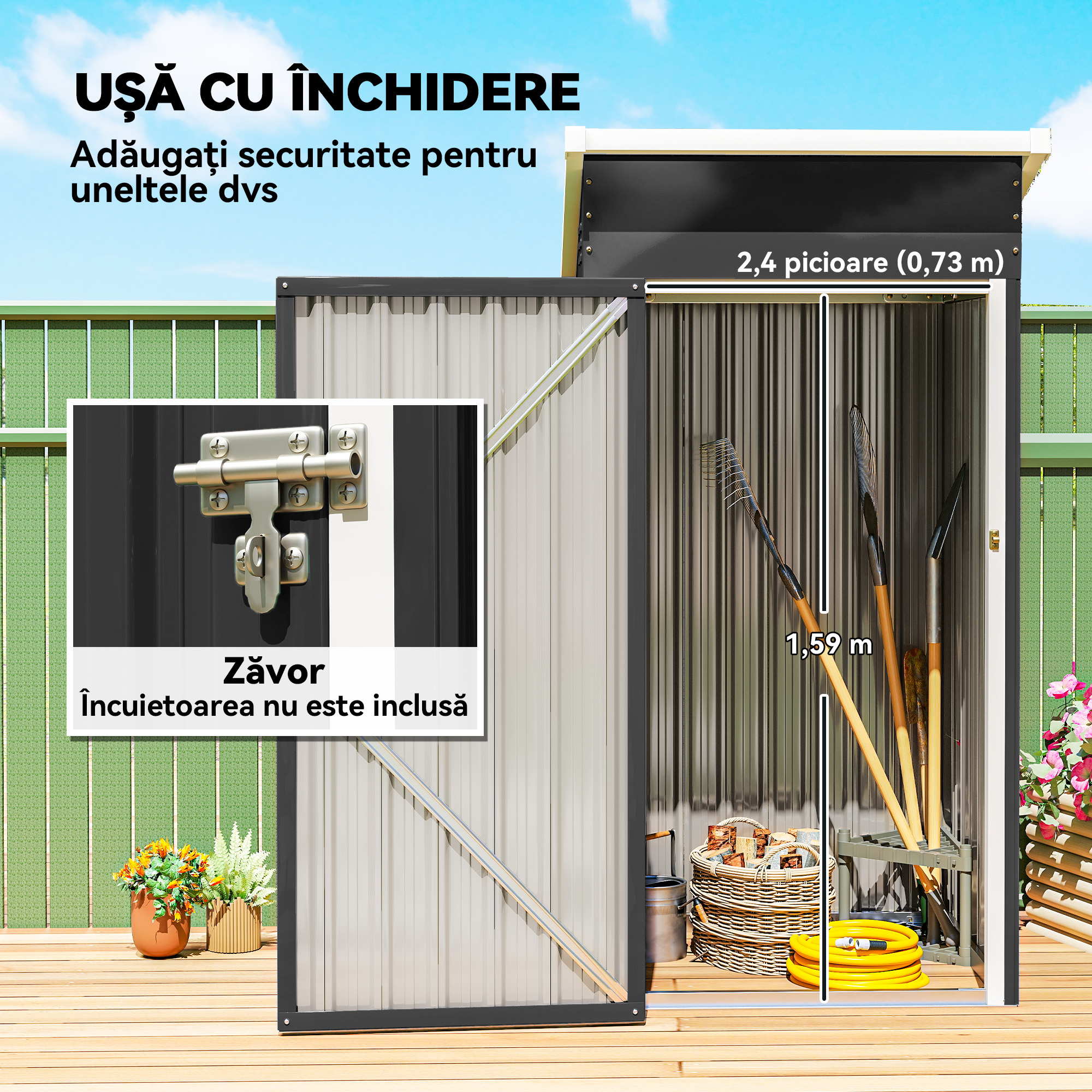  Magazie de Gradina 0,74m² din Otel Galvanizat cu Guri de Aerisire, Magazie cu Usa Blocabila, Acoperis inclinat, Manusi, Depozitare Unelte, 107,5x91x185 cm, Gri inchis [6]