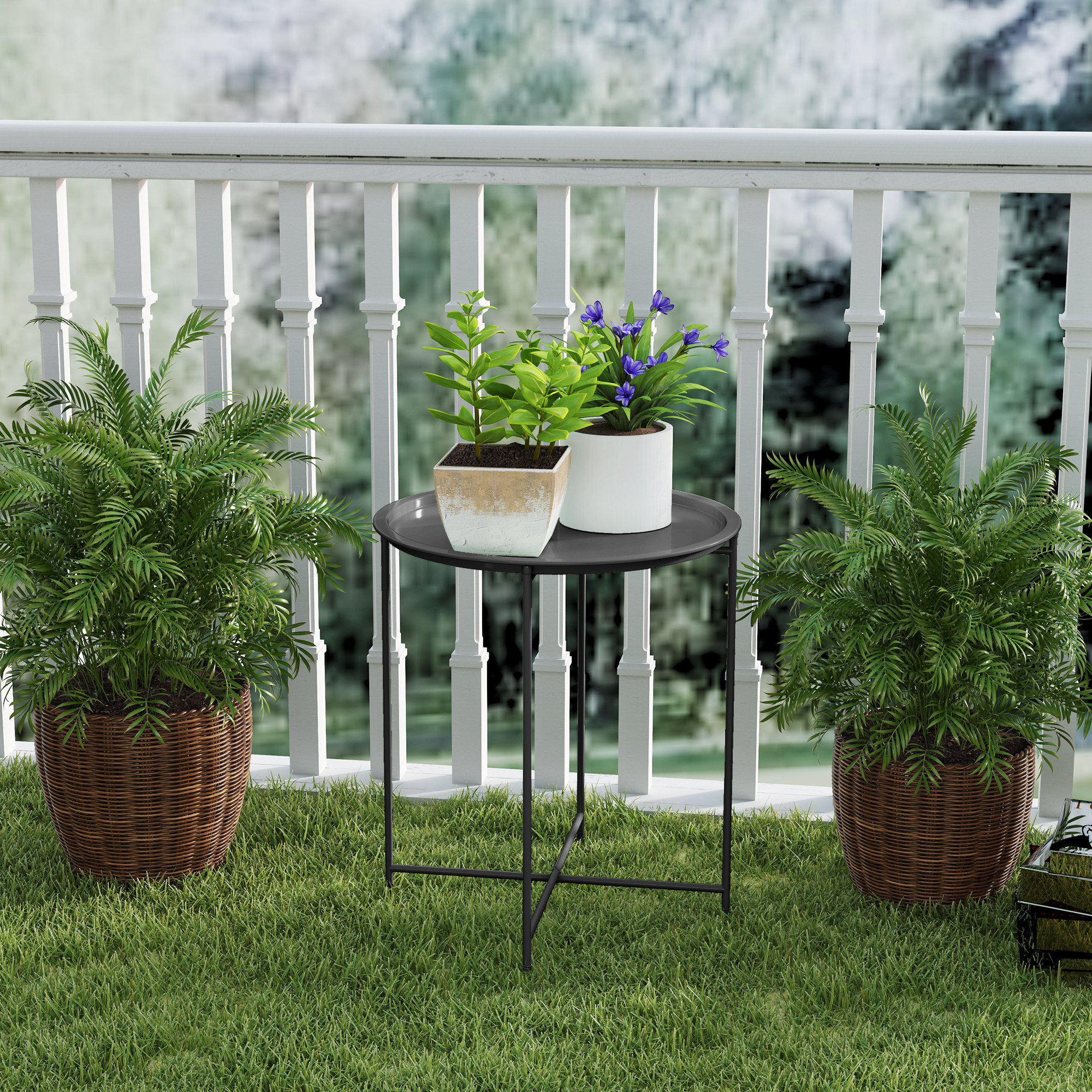  Masuta de gradina cu tava detasabila si picioare pliabile din otel, Ø46x50 cm, negru [8]