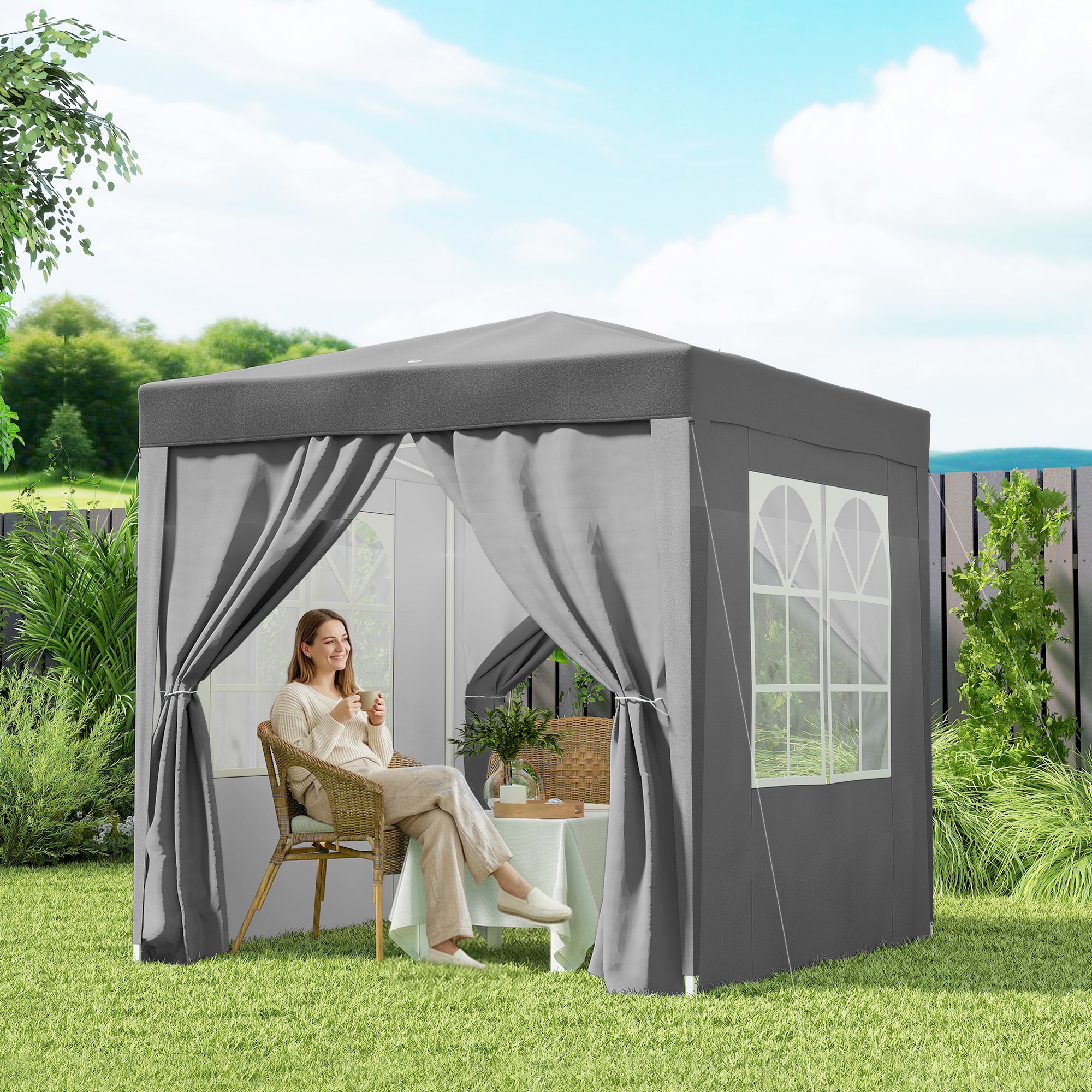  Foisor Pliabil 2x2 m Pop-Up cu 2 Usi, 2 Ferestre, 4 Pereti Detasabili, Foisor de Exterior cu Geanta de Transport din Otel si tesatura Oxford, pentru Gradina, Petreceri, Camping, Gri [8]