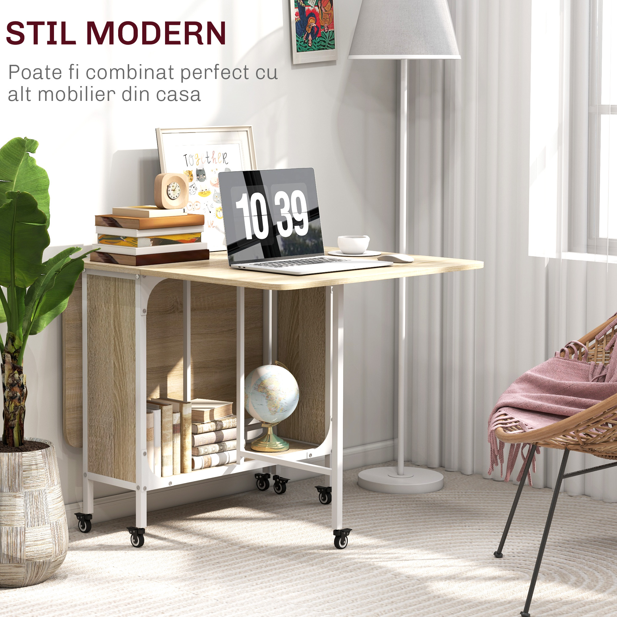  Masa de Dining Pliabila pentru 6 Persoane, cu Raft, din Lemn si Metal, 130x80x74 cm, Alb si Culoare Lemn [6]