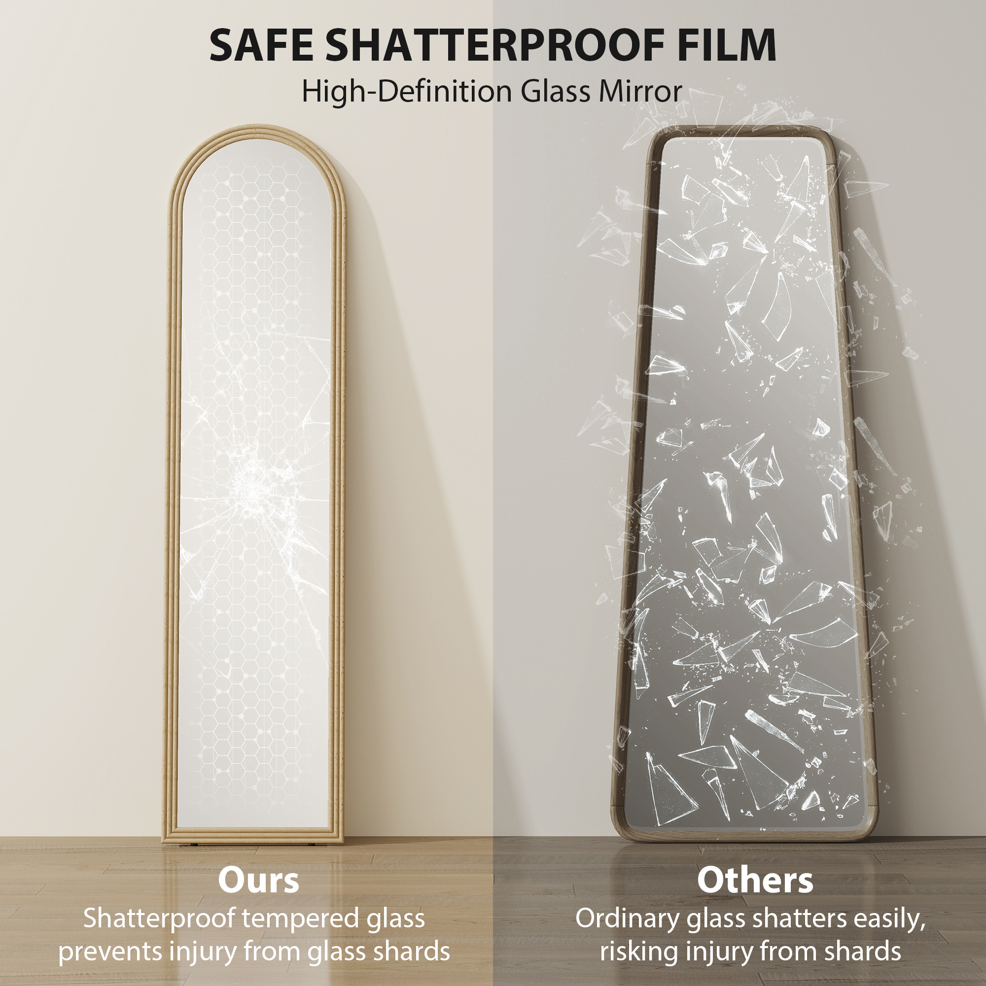 Oglinda  de Podea si de Perete cu Suport, efect de Piatra, 40x160cm, Bej. [5]