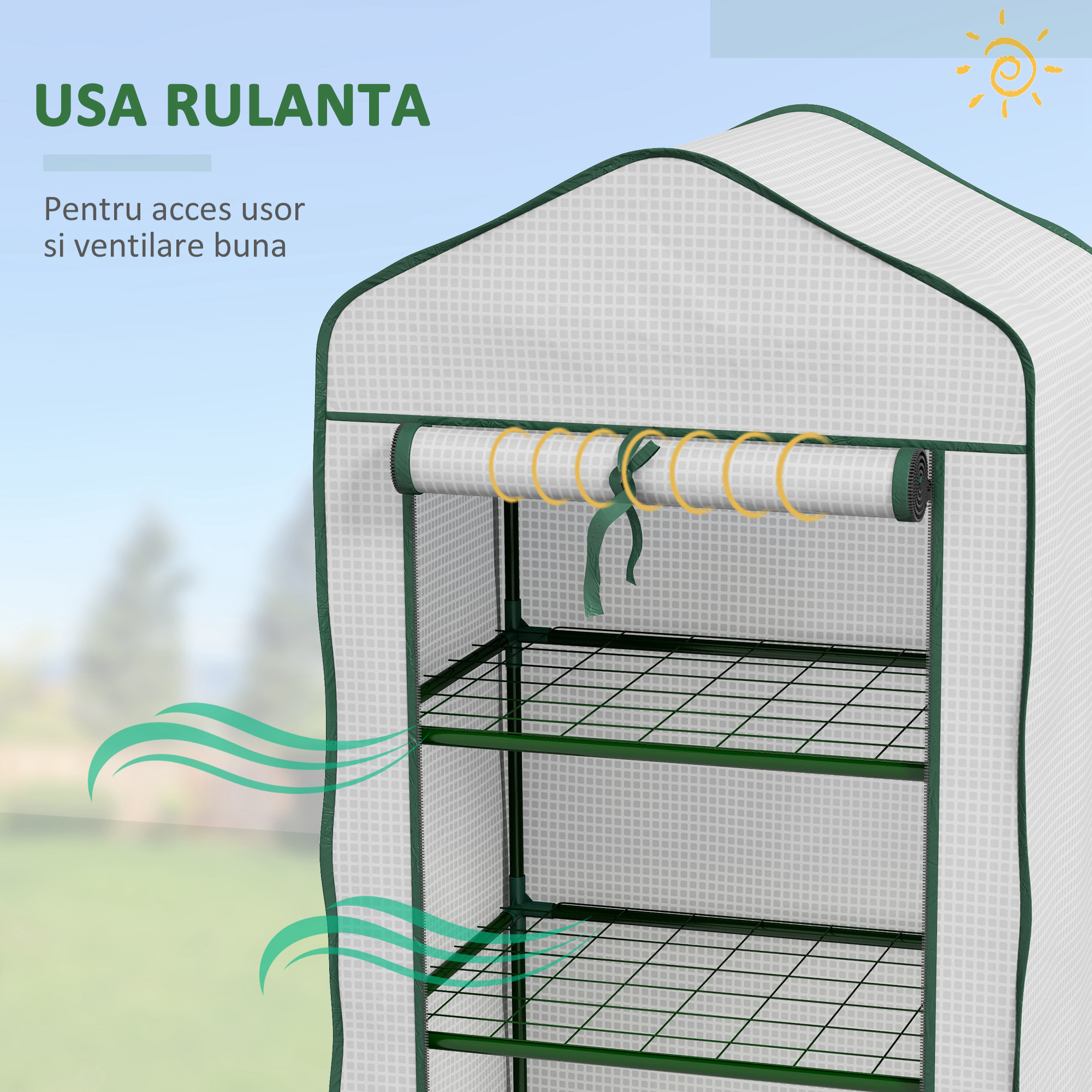  Mini Sera pe 3 Nivele cu Acoperis PE intarit, Sera Portabila cu Usa Rulanta si Rafturi din Sarma, 59x39x127 cm, Alb [5]