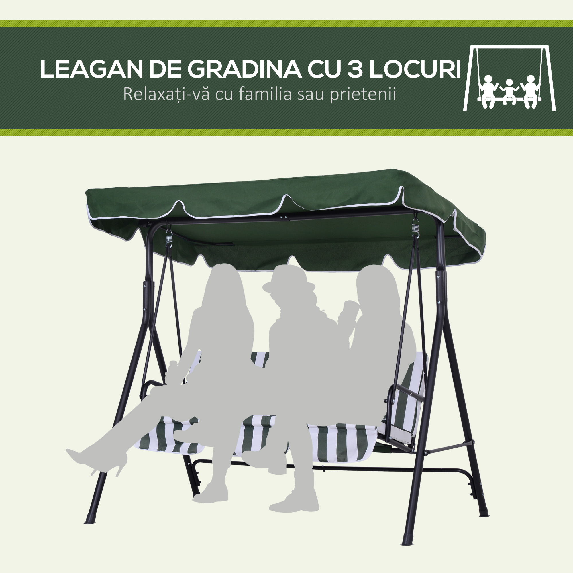  Leagan de Gradina cu 3 Locuri si Parasolar Basculant, 172×110×153 cm, Verde [5]