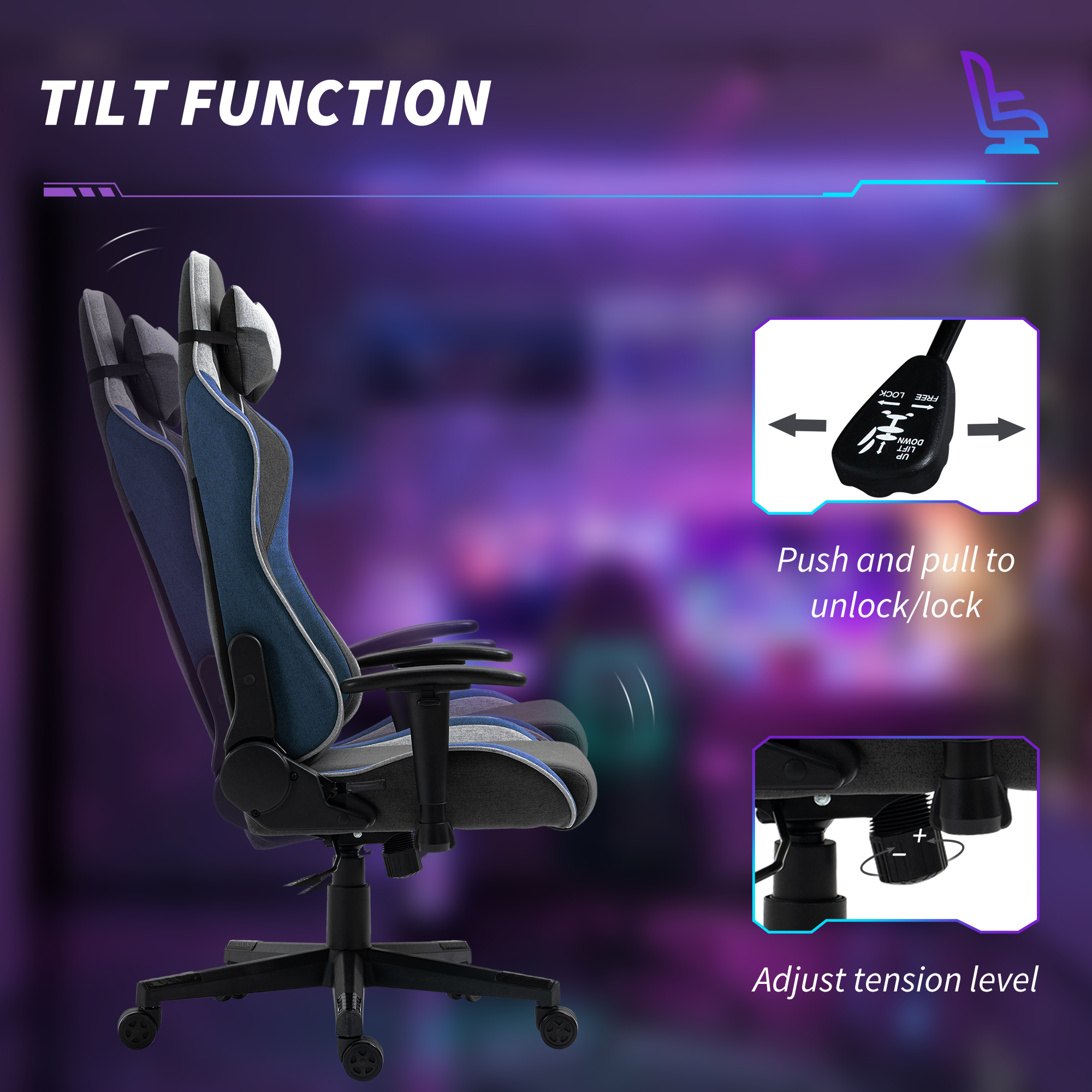  Scaun de Gaming Reclinabil la 150° cu Functie de Leganare, din tesatura cu Aspect de In, 66x53x128-138 cm, Gri [4]