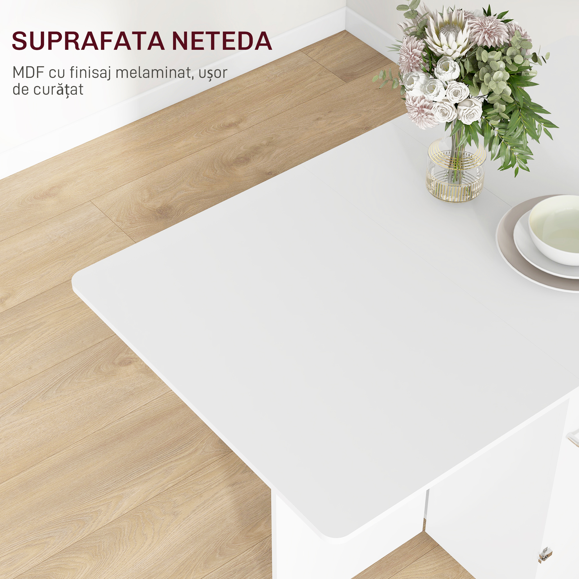  Masa Plianta, Rulanta, Masa Pliabila cu Cutie de Depozitare, Rafturi pe 3 Niveluri si Suport, 130x80x76.5 cm, Alb [7]