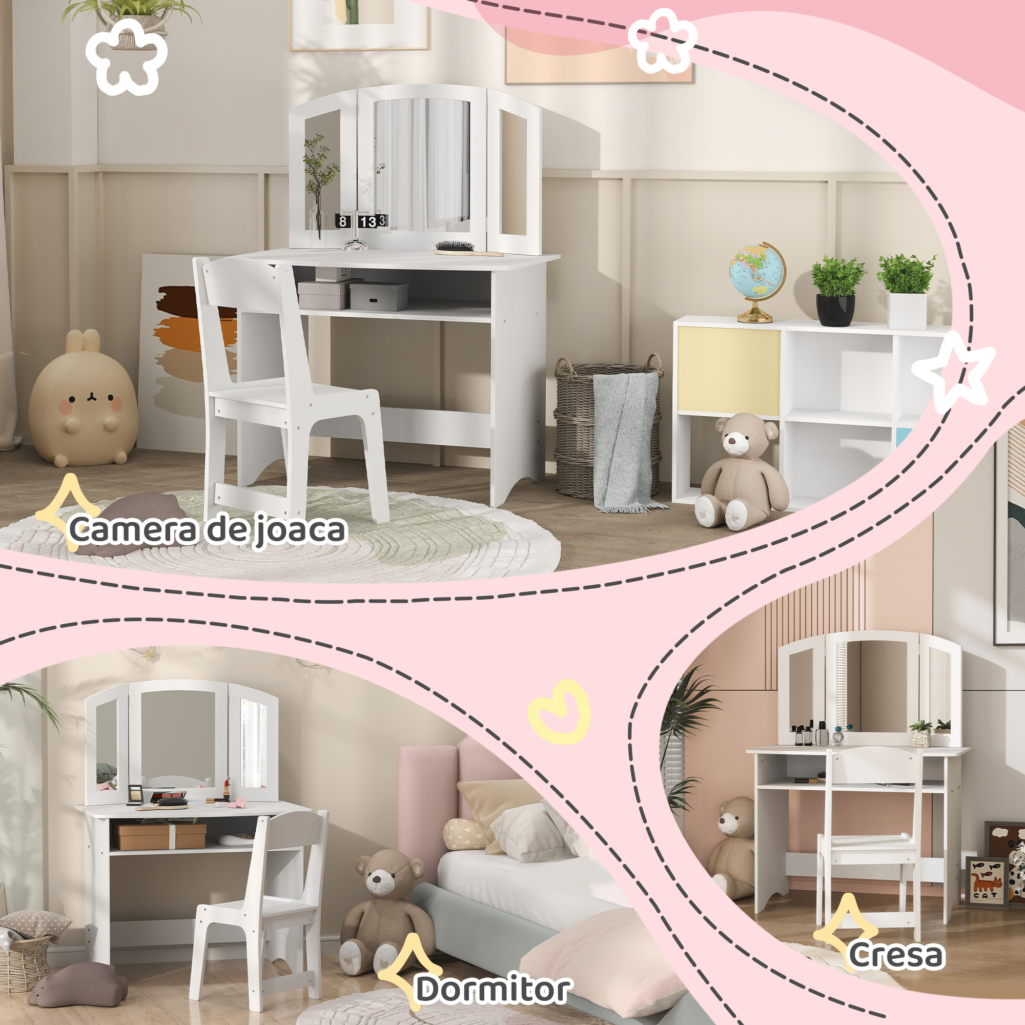  Set de Machiaj pentru Fetite de 3-6 ani cu Oglinda Tripla Detasabila si Scaun din Lemn, 80x49x108 cm, Alb [6]