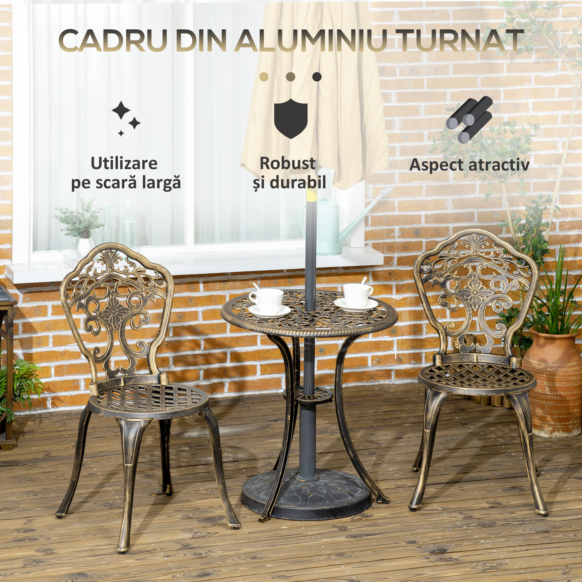  Set de Exterior 3 Piese din Aluminiu cu 2 Scaune de Gradina si Masa Rotunda cu Orificiu pentru Umbrela, Bronz [4]
