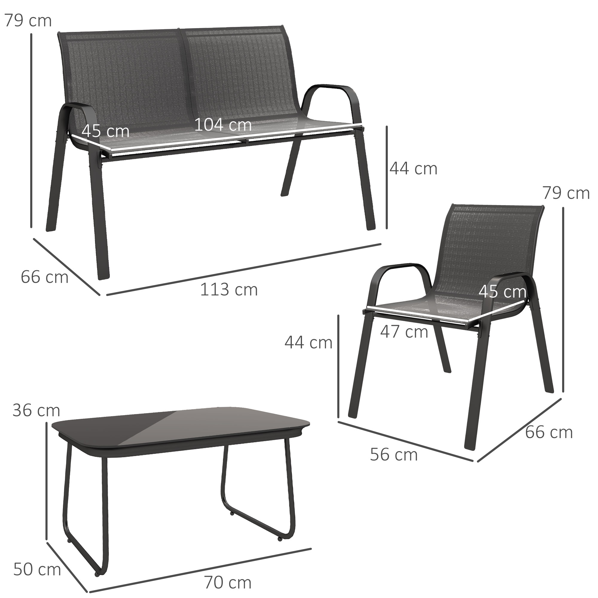  Set Mobilier de Gradina din 4 Piese cu Canapea, 2 Scaune Stivuibile si Masuta de Cafea, 113x66x79 cm, Negru [2]