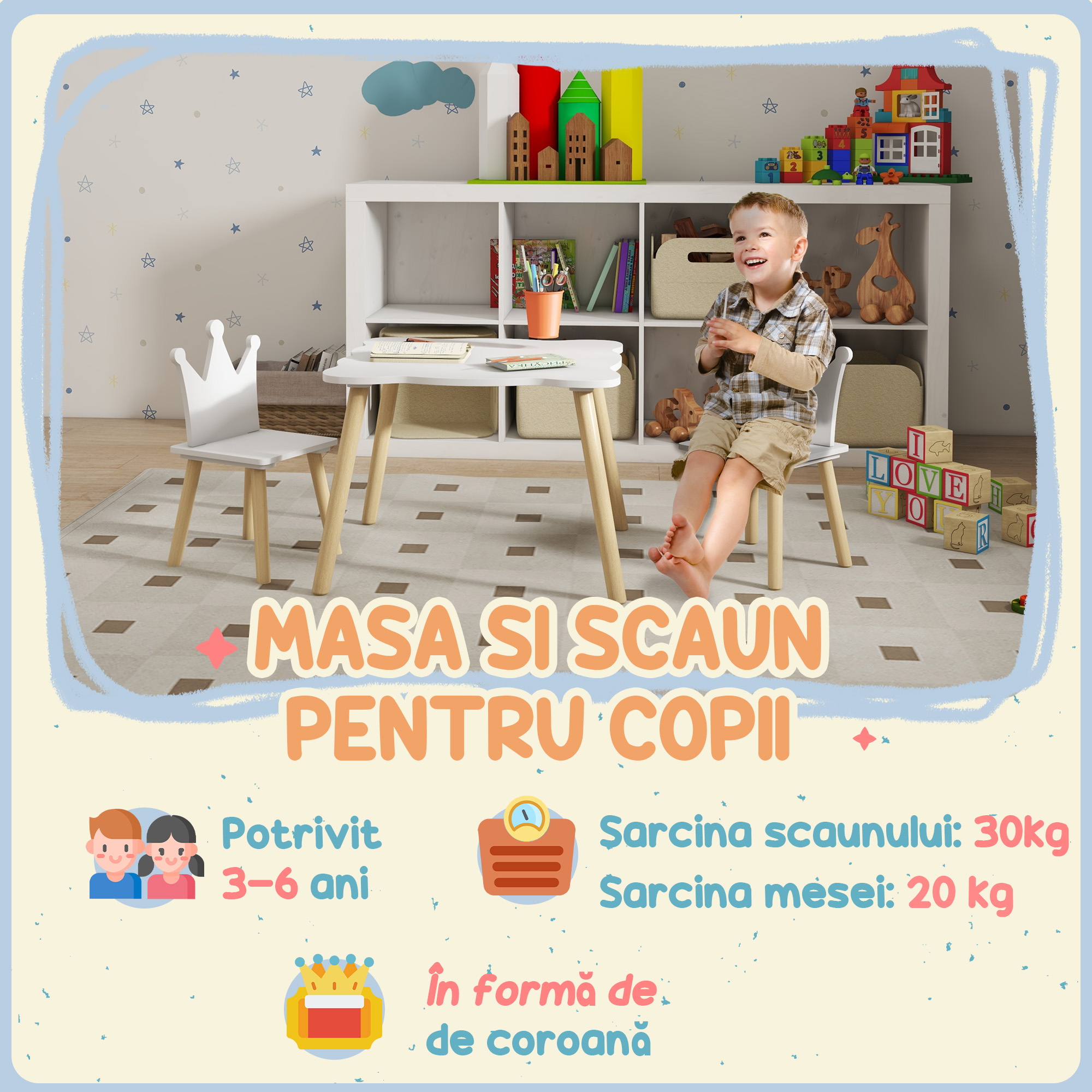  Set Masa si 2 Scaune pentru Copii 3-6 Ani, Masa Ondulata si Scaune in Forma de Coroana, 60x60x44 cm, Alb [6]