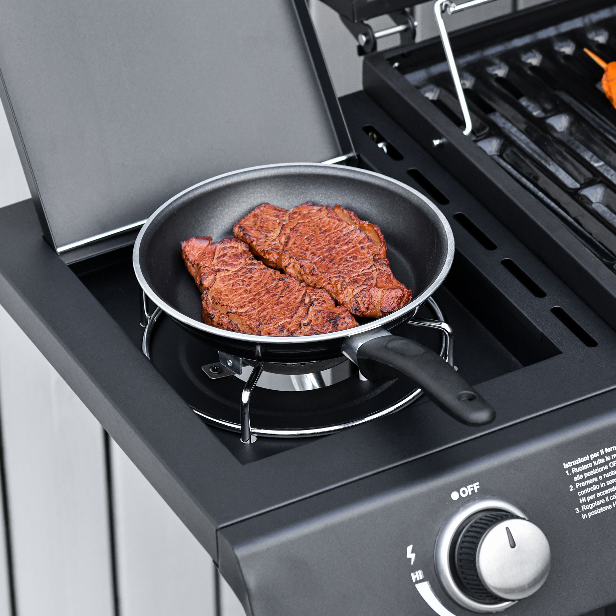  Gratar pe Gaz cu Capac, 7 Arzatoare de 20 kW in total si Arzator Lateral, Termometru, Raft si 2 Roti, 135x50x100cm Negru [8]