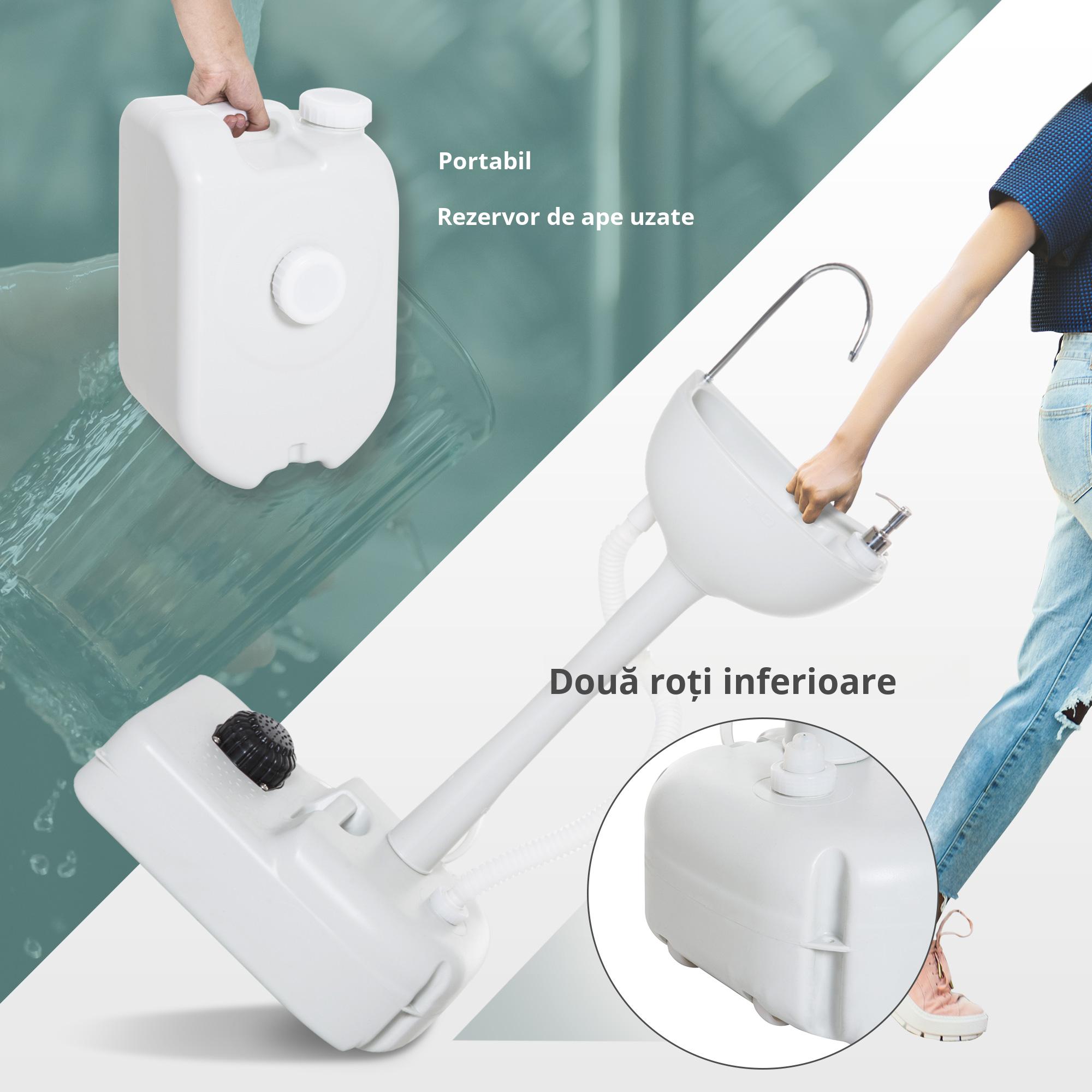  Chiuveta Portabila de Camping cu 2 roti, Rezervor de Apa de 17 litri, Rezervor de Sapun [3]
