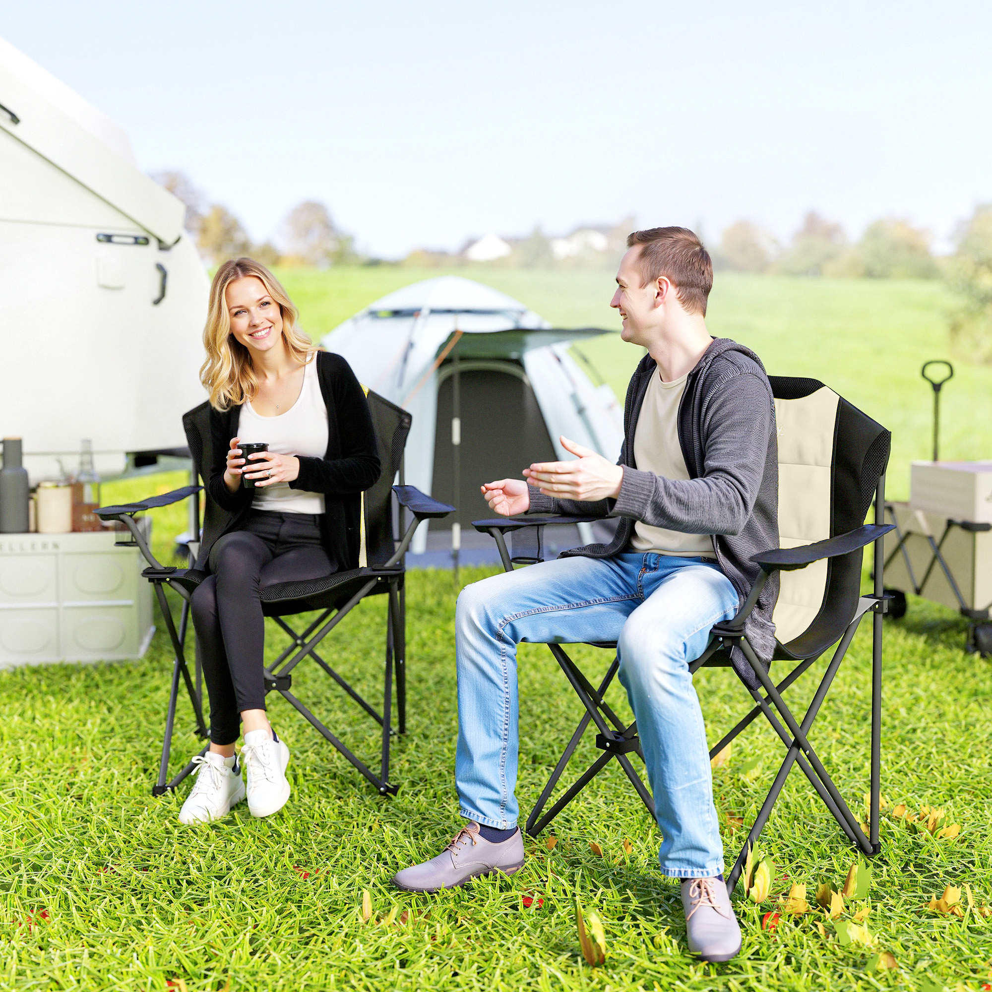  Set 2 Scaune Pliabile de Camping cu Suport Pahar si Genti Crem [8]