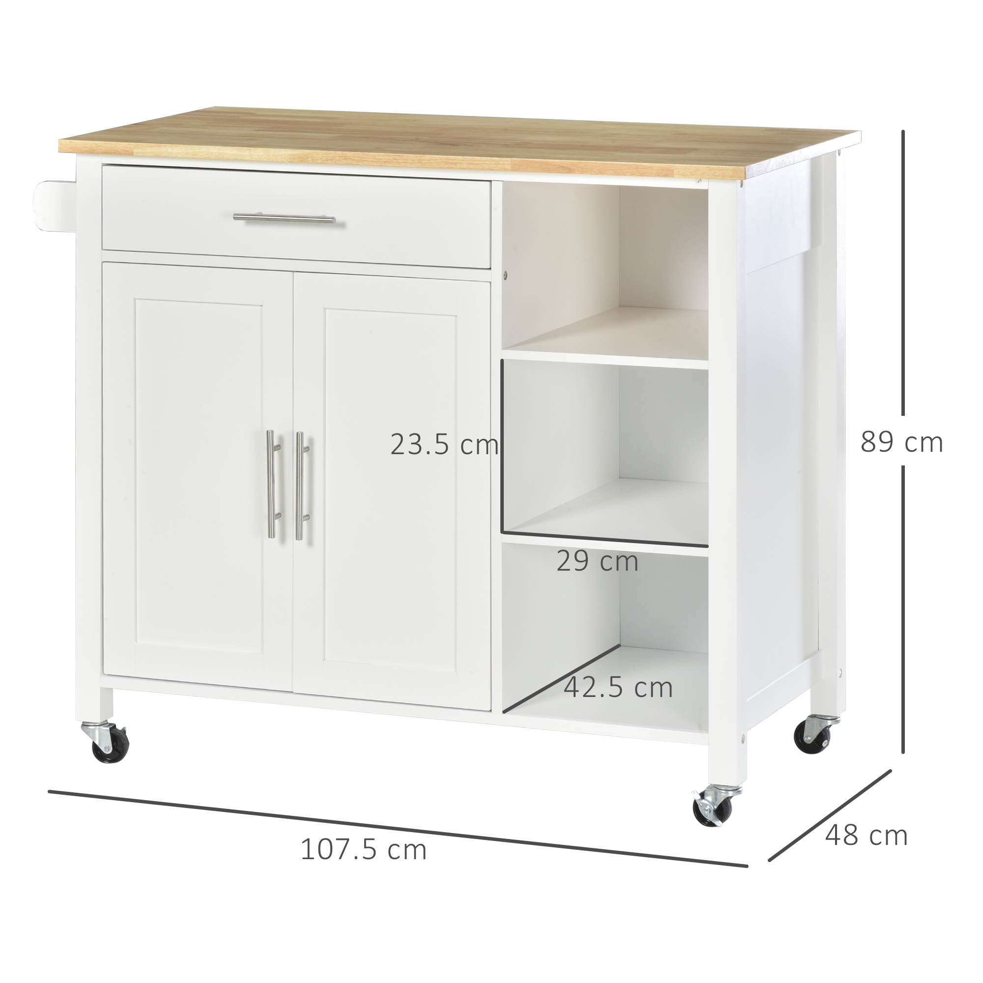  carucior bucatarie cu 4 roti, 3 rafturi, pentru bucatarie si sufragerie,107×48×89 cm, din MDF, Lemn de cauciucalba, alb [2]
