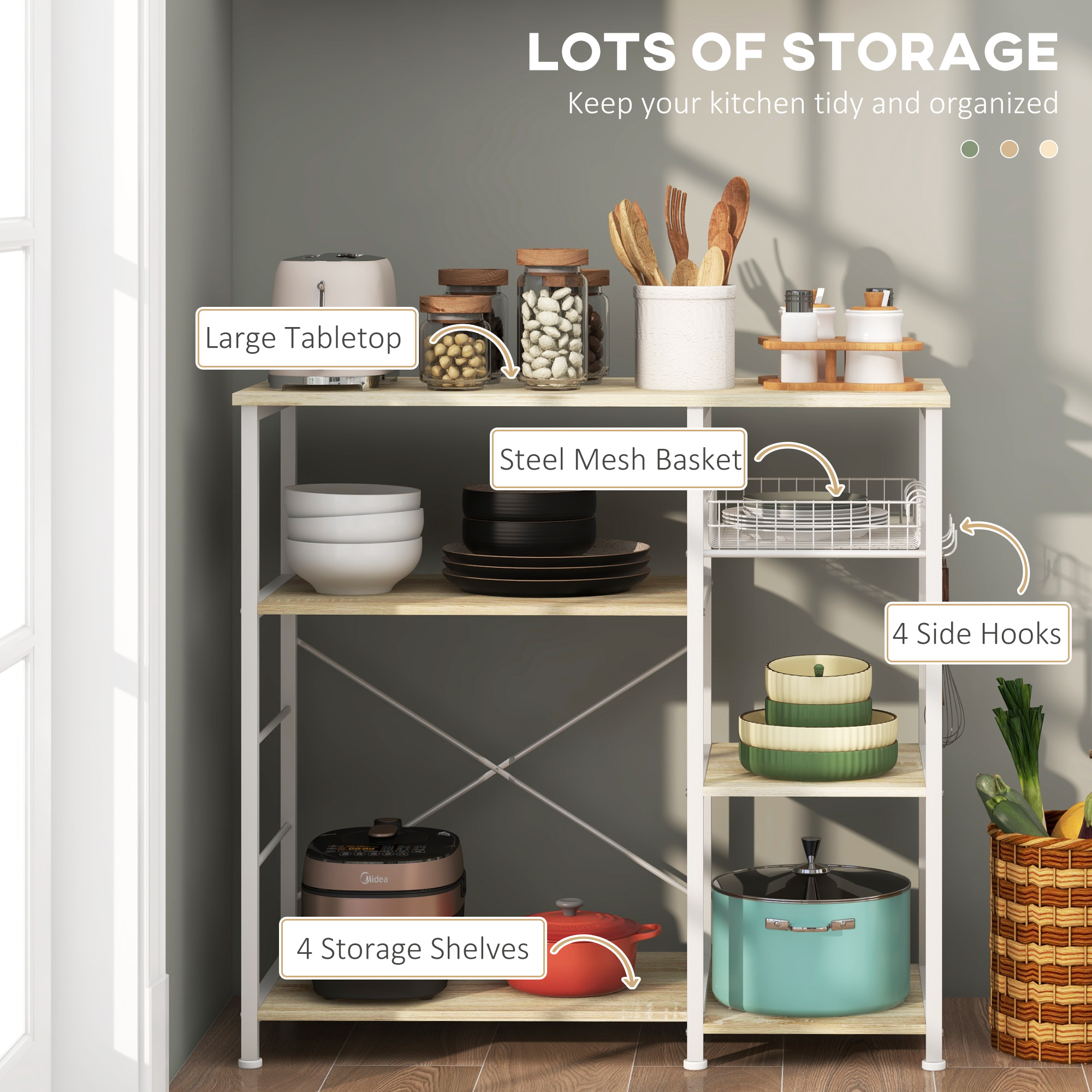  Raft Bucatarie - 4 Rafturi, Carlige & Cos Plasa, Lemn+Otel [3]