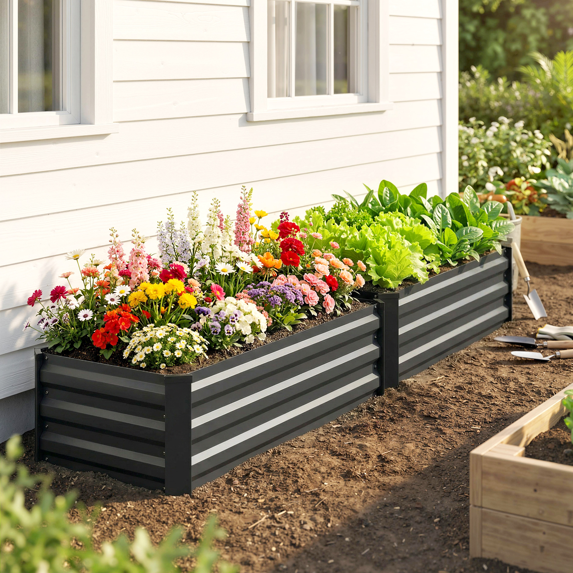  Set de 2 jardiniere pentru gradina cu fund deschis, din otel galvanizat, 100x60x30cm, gri [8]