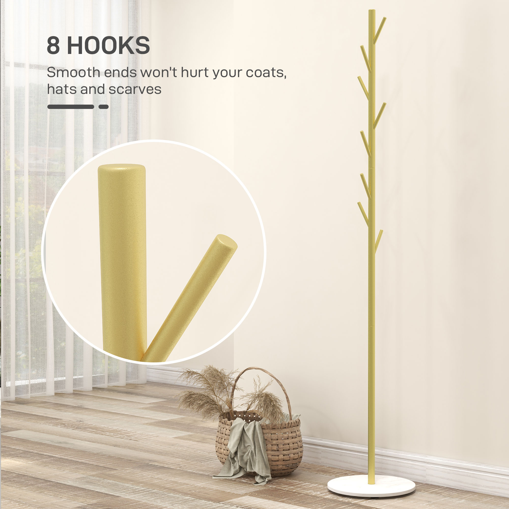  Cuier de Podea Autoportant cu 8 Carlige si Baza din Marmura, Ø32x164 cm, Auriu [3]