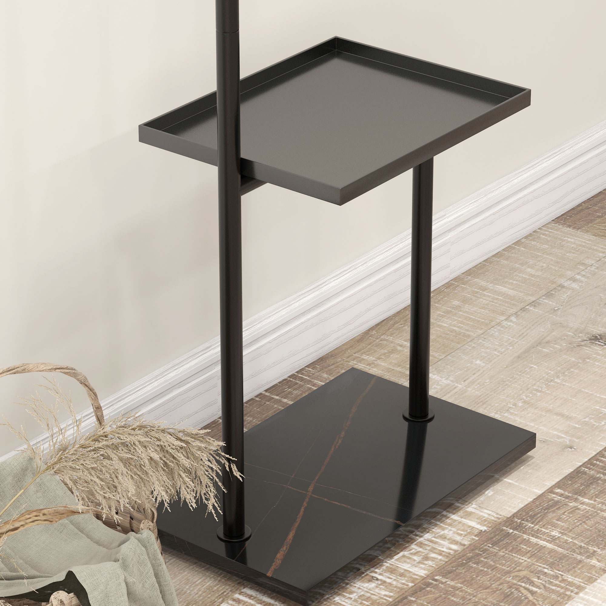  Cuier de Podea in Forma de C cu 3 Carlige, Baza din piatra si Picioare Antiderapante, 45x28x148 cm, Negru [8]