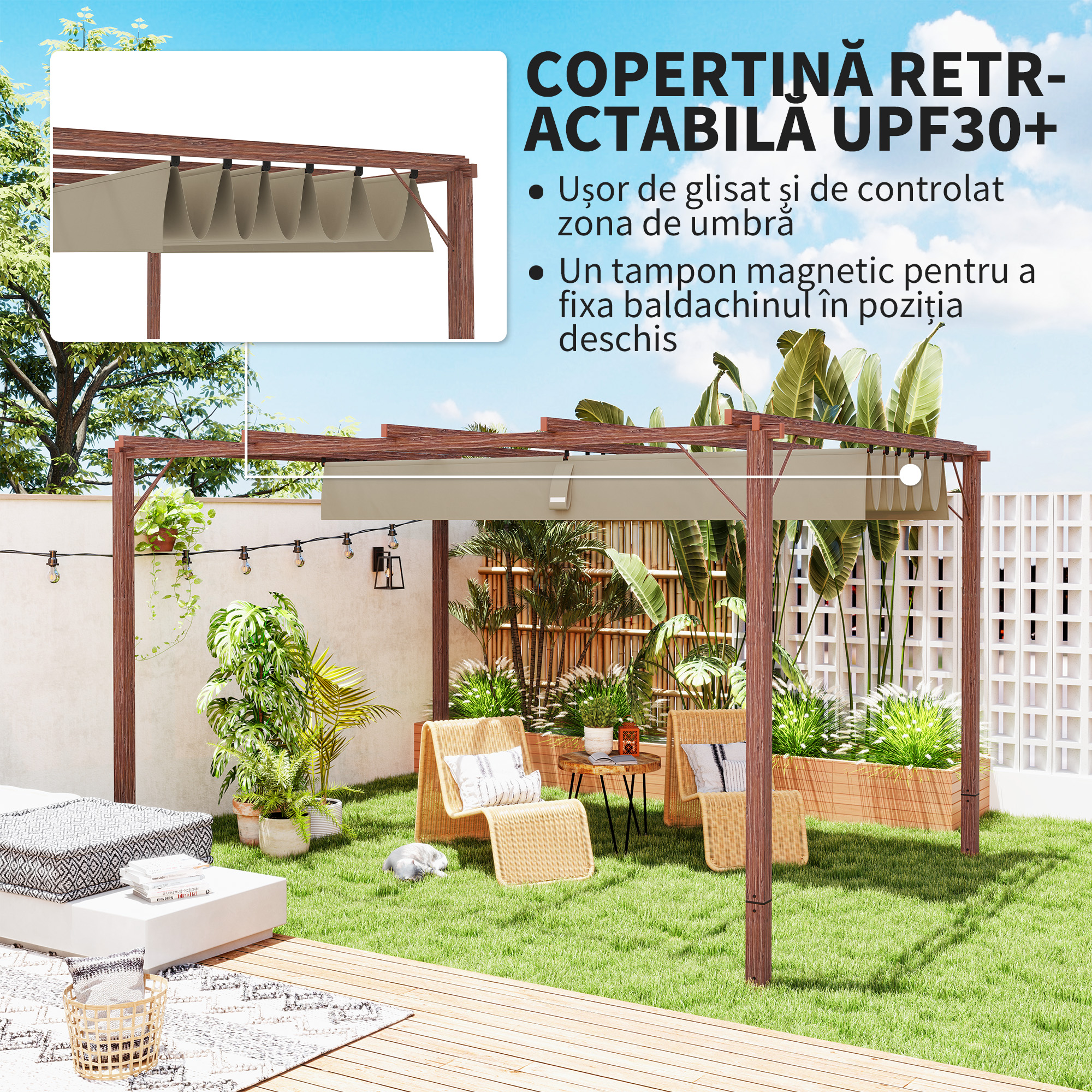  Pergola de Gradina cu Acoperis Retractabil si Cadru din Aluminiu cu Aspect de Lemn, 382x300x232 cm, Lemn Natural [3]
