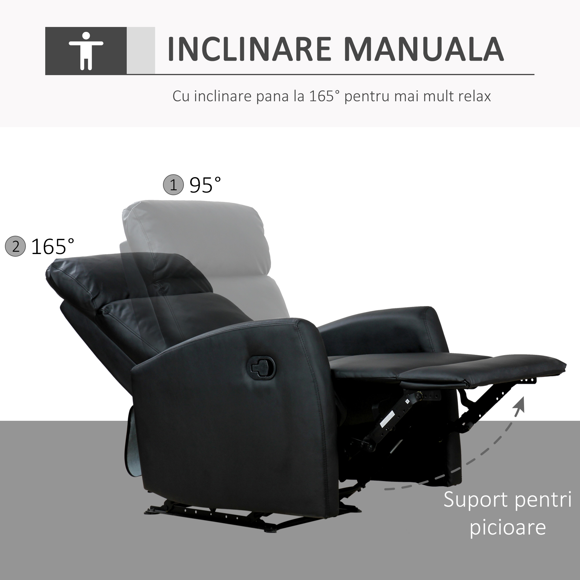  Fotoliu Relax Rabatabil Ergonomic Piele Sintetica 65 × 92 × 100cm, Negru [3]