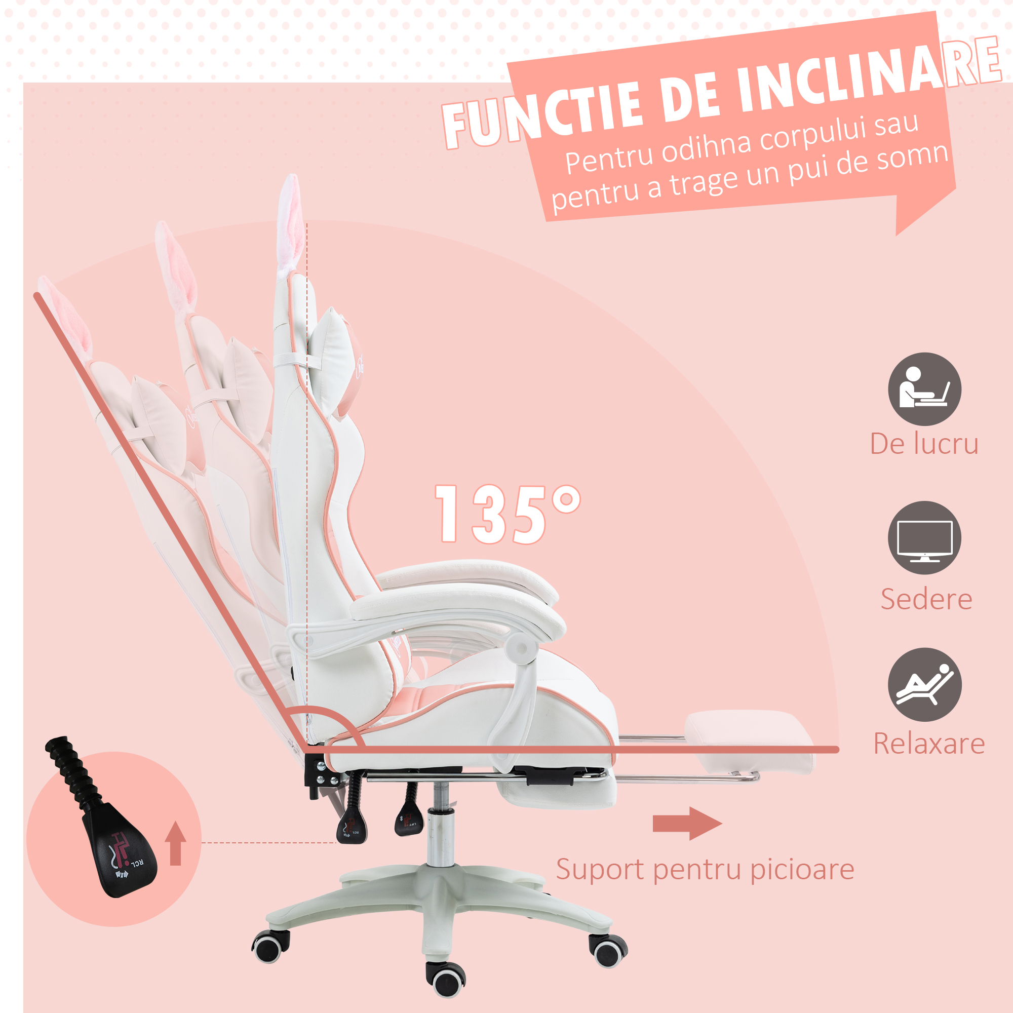  Scaun de Gaming Ergonomic cu Urechi de Iepure si Suport pentru Picioare Extensibil, 65x63x136-142 cm, Roz [5]