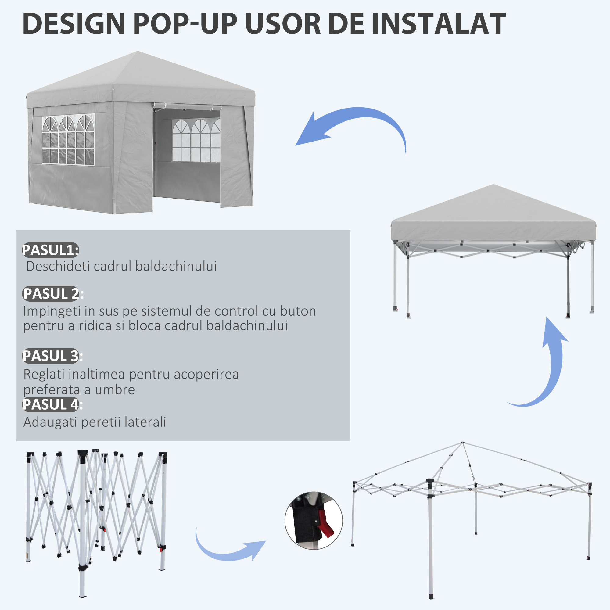  Foisor Pliabil cu inaltime Reglabila, Usi, Ferestre si Geanta de Transport, 298x298x288 cm, Gri Deschis [3]