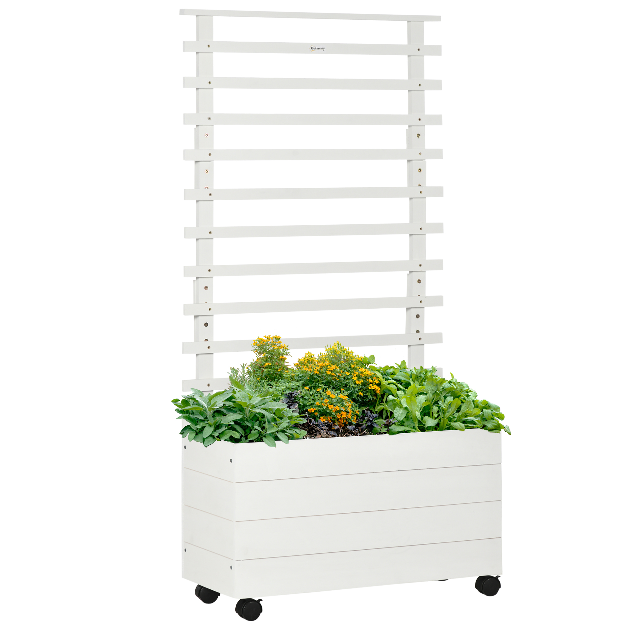 Living & hol -  Jardiniera inaltata verticala cu 4 roti si suport pentru plantele cataratoare, din  lemn de brad, 76x30x155cm, alb
