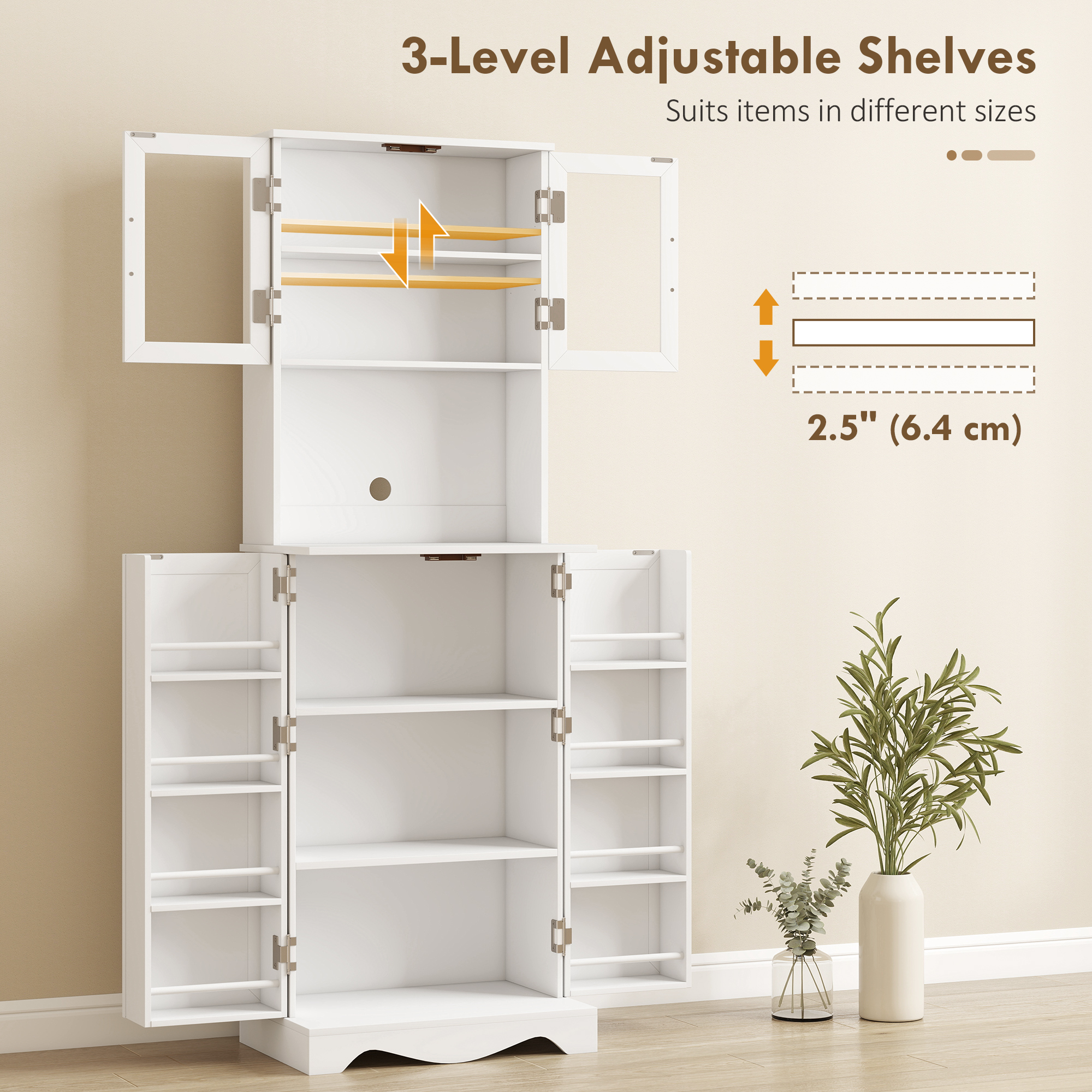  Mobila de Depozitare pentru Bucatarie cu 2 Dulapuri si 8 Rafturi, din Lemn si Acrilic, 60x39.5x179.6 cm, Alb [4]