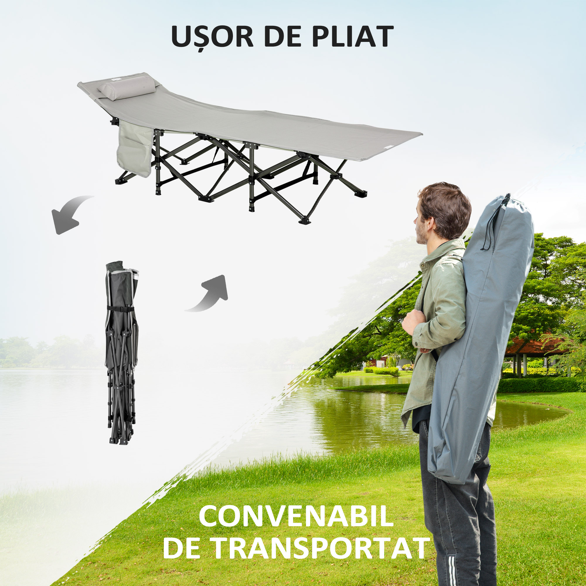  Pat Pliabil pentru Camping cu Buzunare de Depozitare si Geanta de Transport, Pat pentru Camping, 188x64.5x53 cm, Gri [5]
