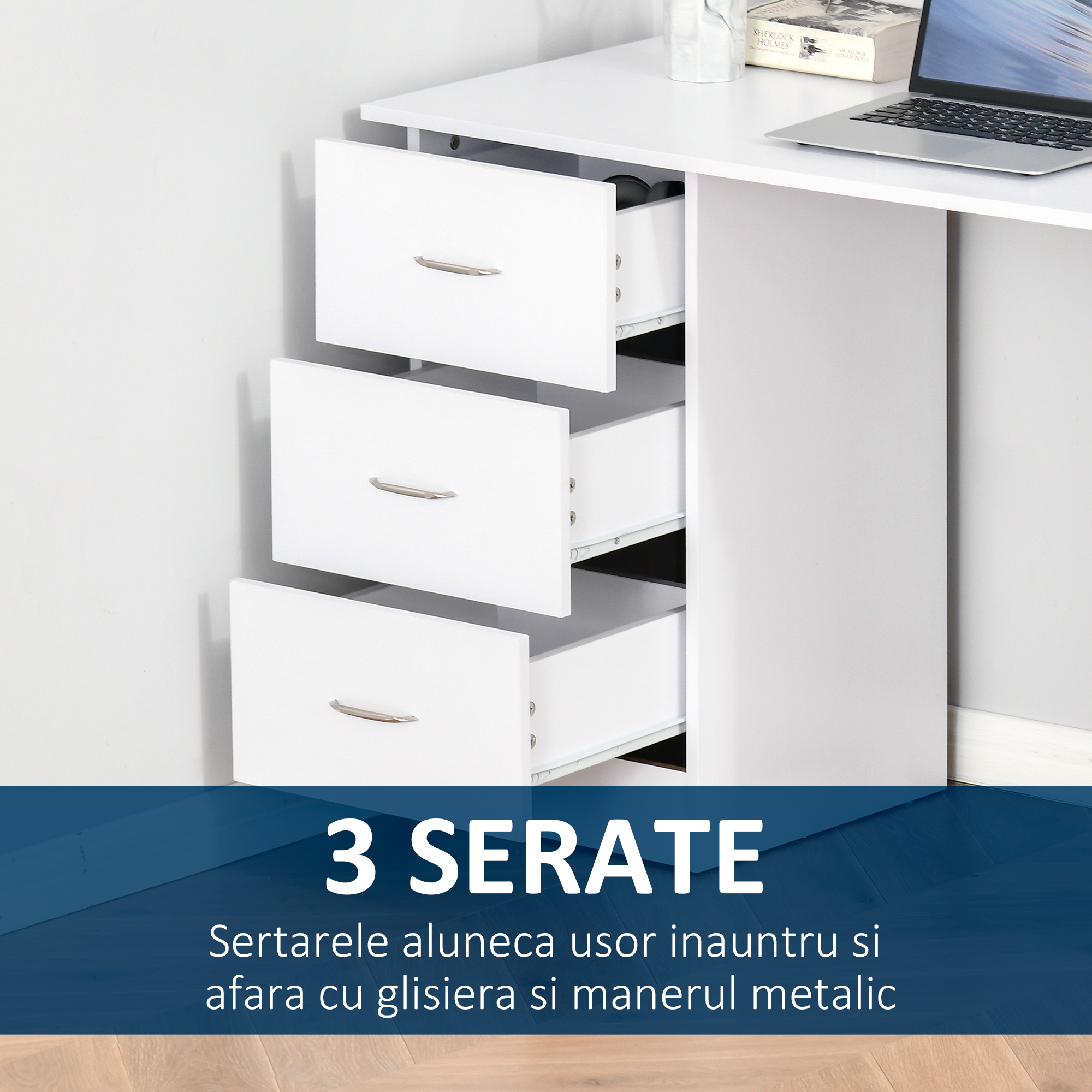  Birou modern cu 3 Sertare si Rafturi in Lemn Alb 120x49x72cm [4]