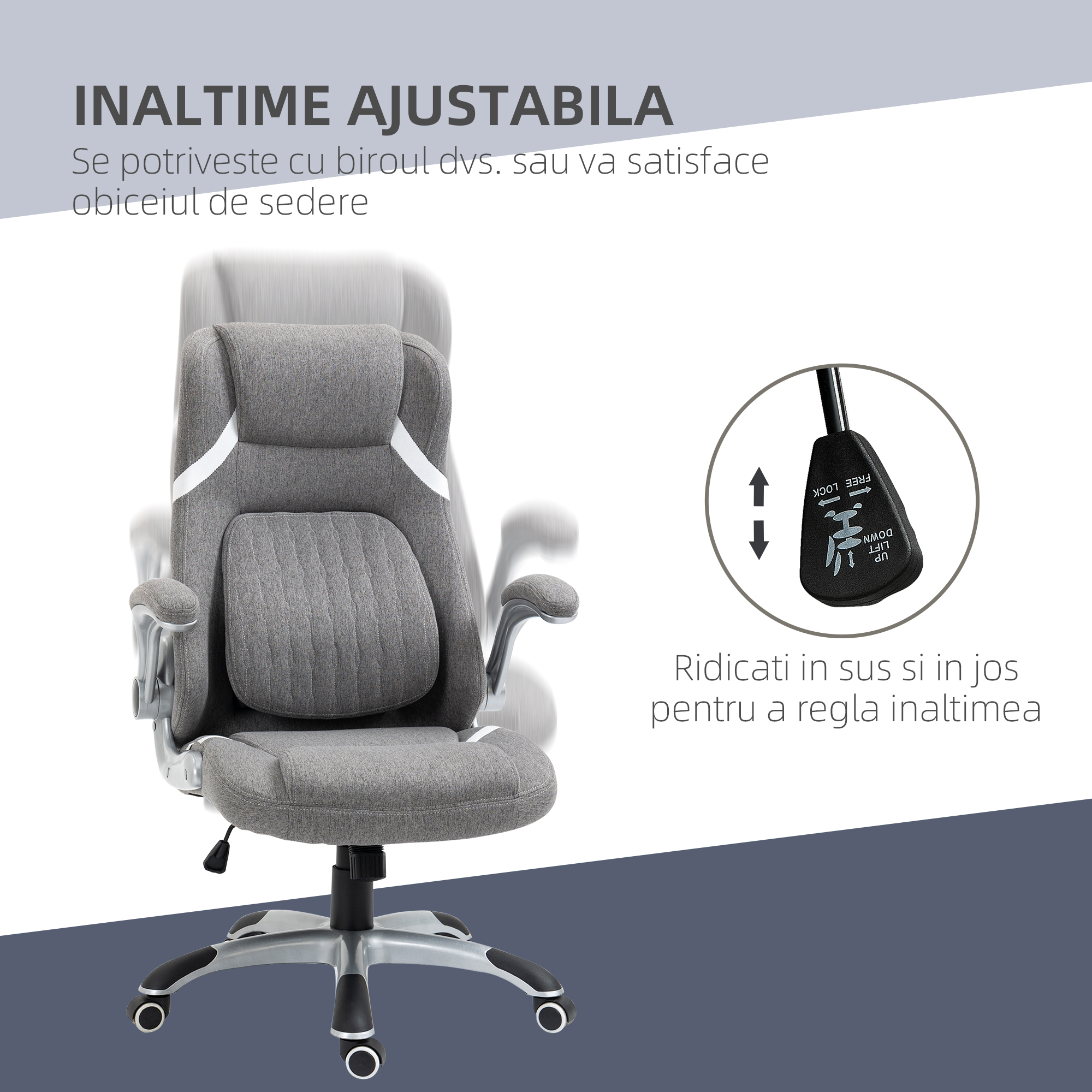  Scaun de Birou Ergonomic din tesatura Respiranta Efect In, inaltime Reglabila, 68x76x109-117cm, Gri [3]