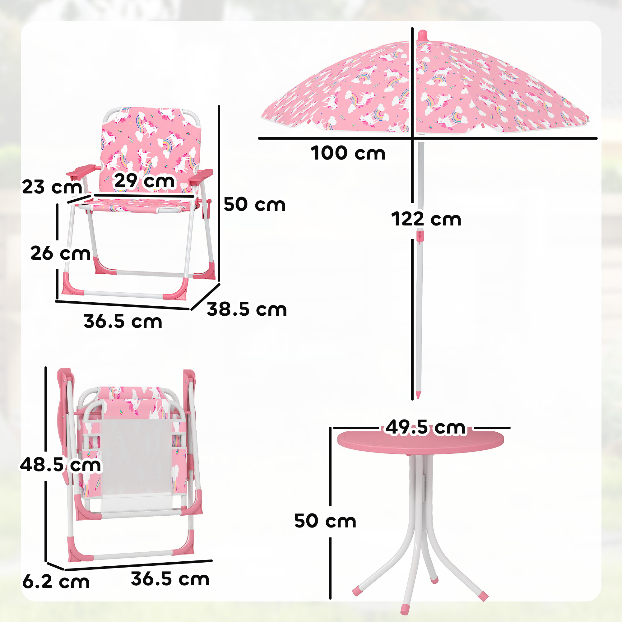  Masa de Picnic pentru Copii, Set Masa si Scaune cu 2 Scaune Pliabile si Umbrela Detasabila, Tema Jungla, Mobilier de Exterior pentru Gradina, Patio, Roz [2]