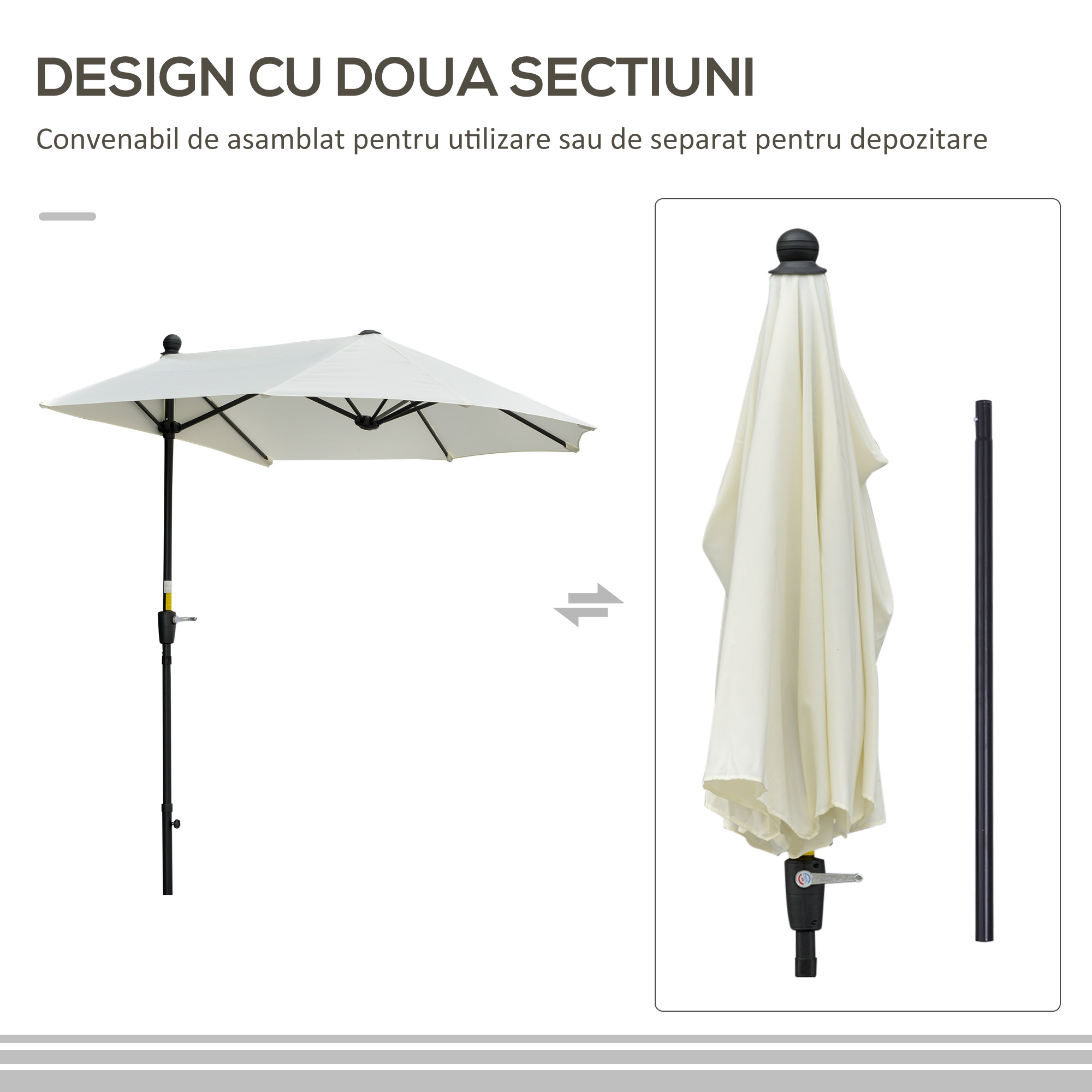  Umbrela Semicirculara cu Manivela si Material Anti-UV, 200x190x240 cm, Crem [5]