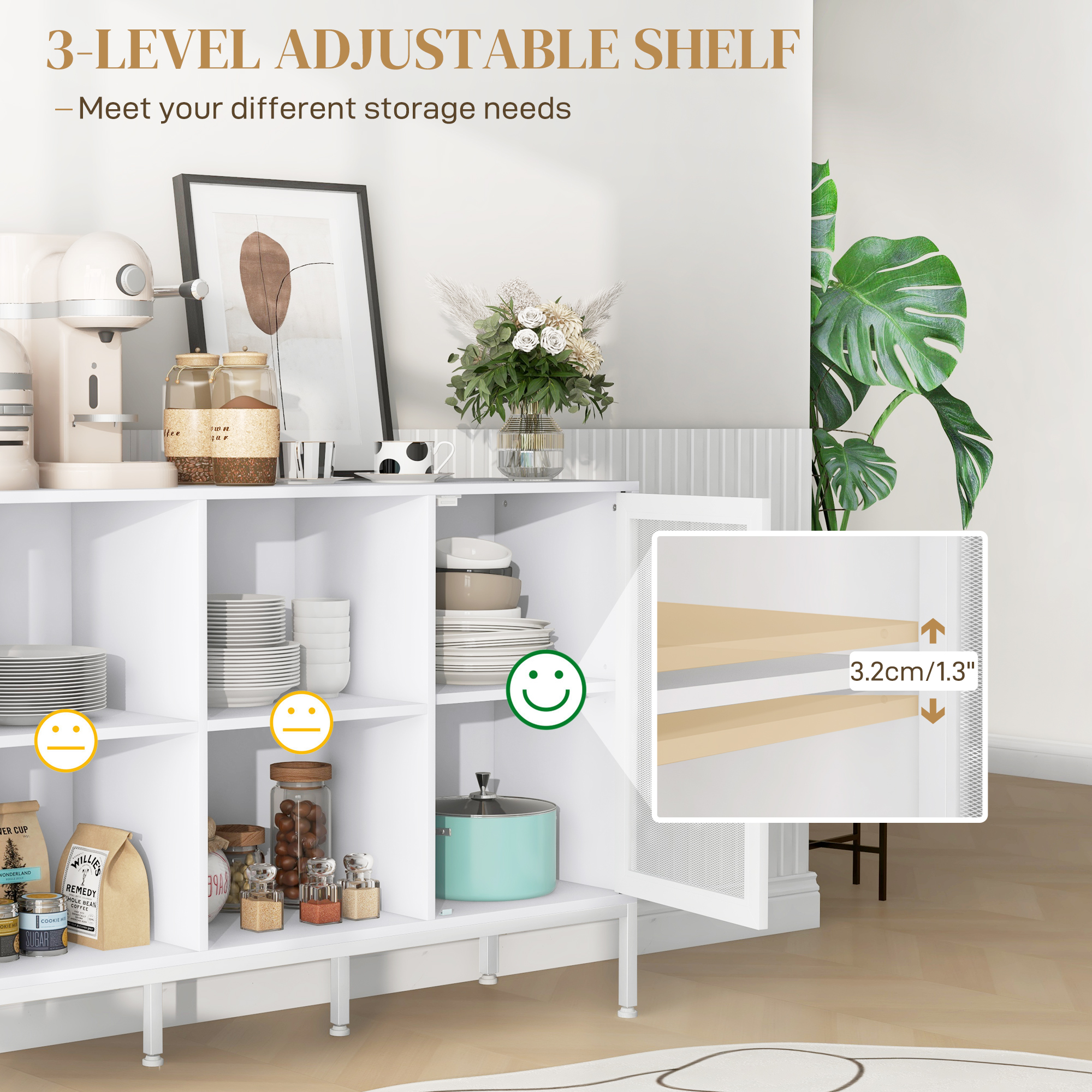  Bufet Mobil cu 4 Rafturi Deschise si Dulap, din PAL si Otel, 120x37x81.5 cm, Alb [4]