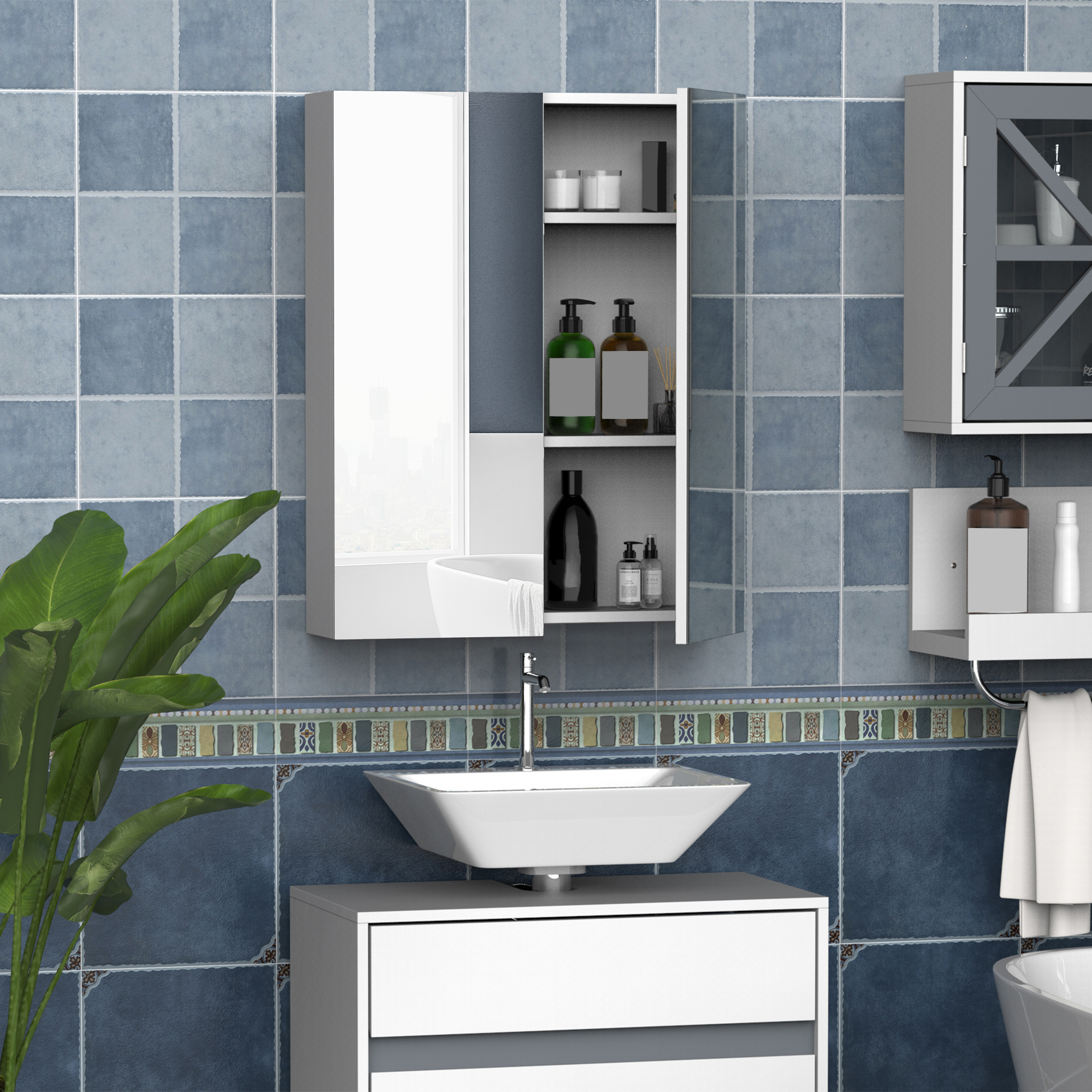  Dulap de Baie Suspendat cu Doua Usi Frontale, Oglinda si 2 Rafturi Interioare din MDF, 60x15x75 cm, Alb [1]