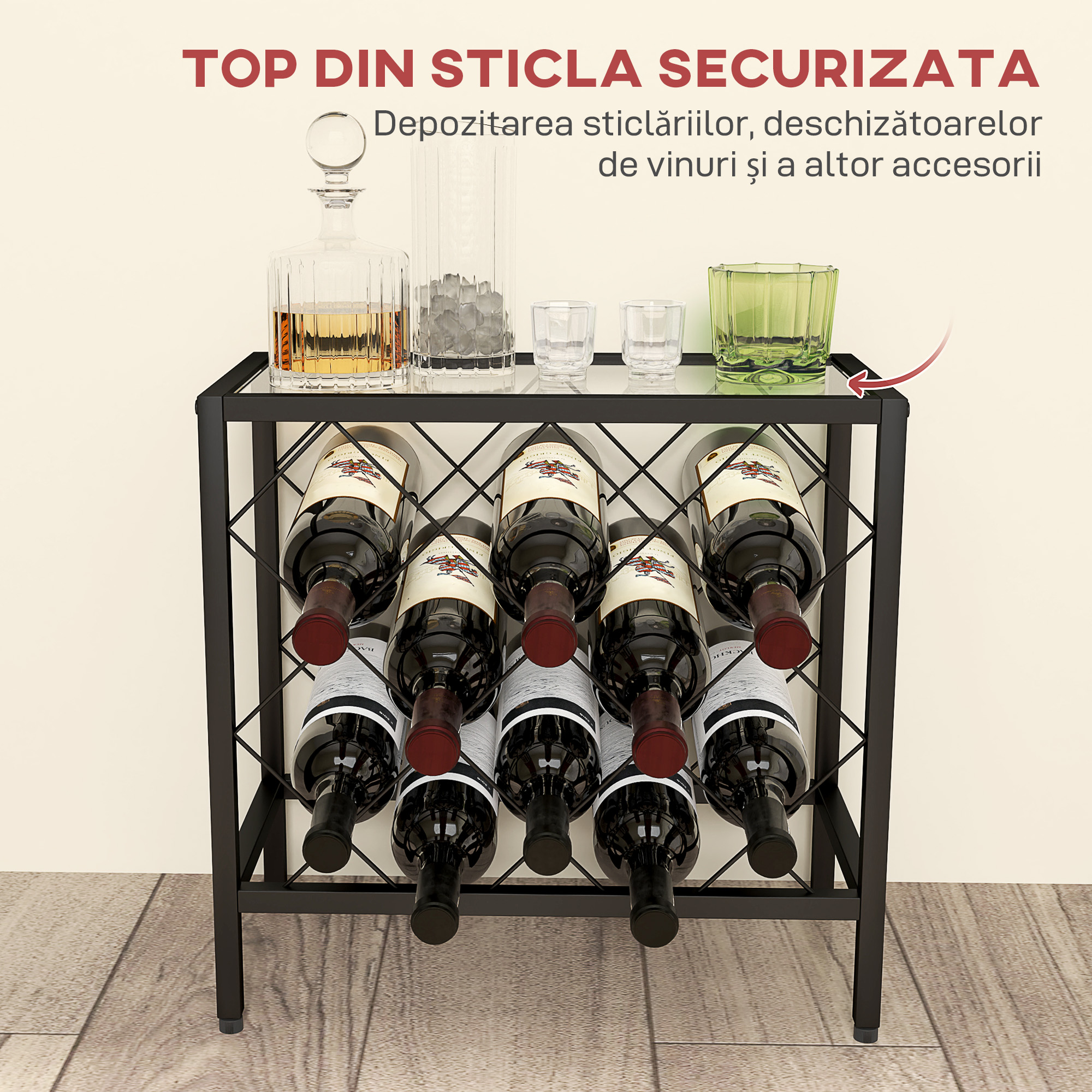  Suport pentru Sticle de Vin cu Blat din Sticla Securizata si Cadru din Otel, 41x22x41 cm, Negru [4]