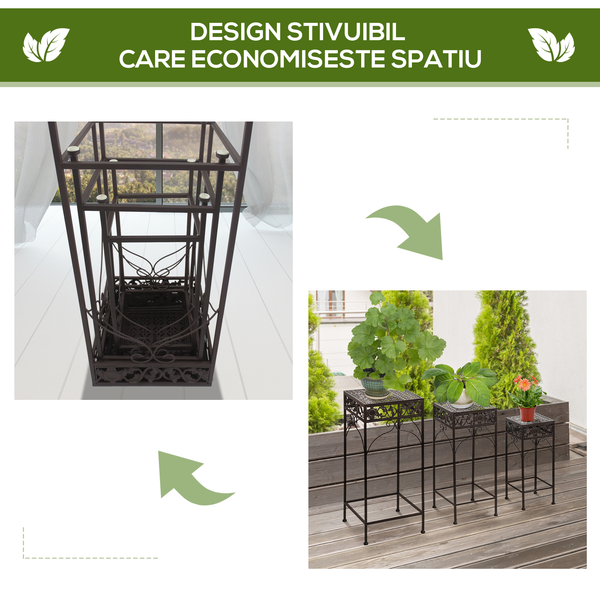 Set de 3 Bucati Scaune Suport pentru Plante Clasic din Fier Sgabelli Supporto per Piante Classico in Ferro, MARO [5]