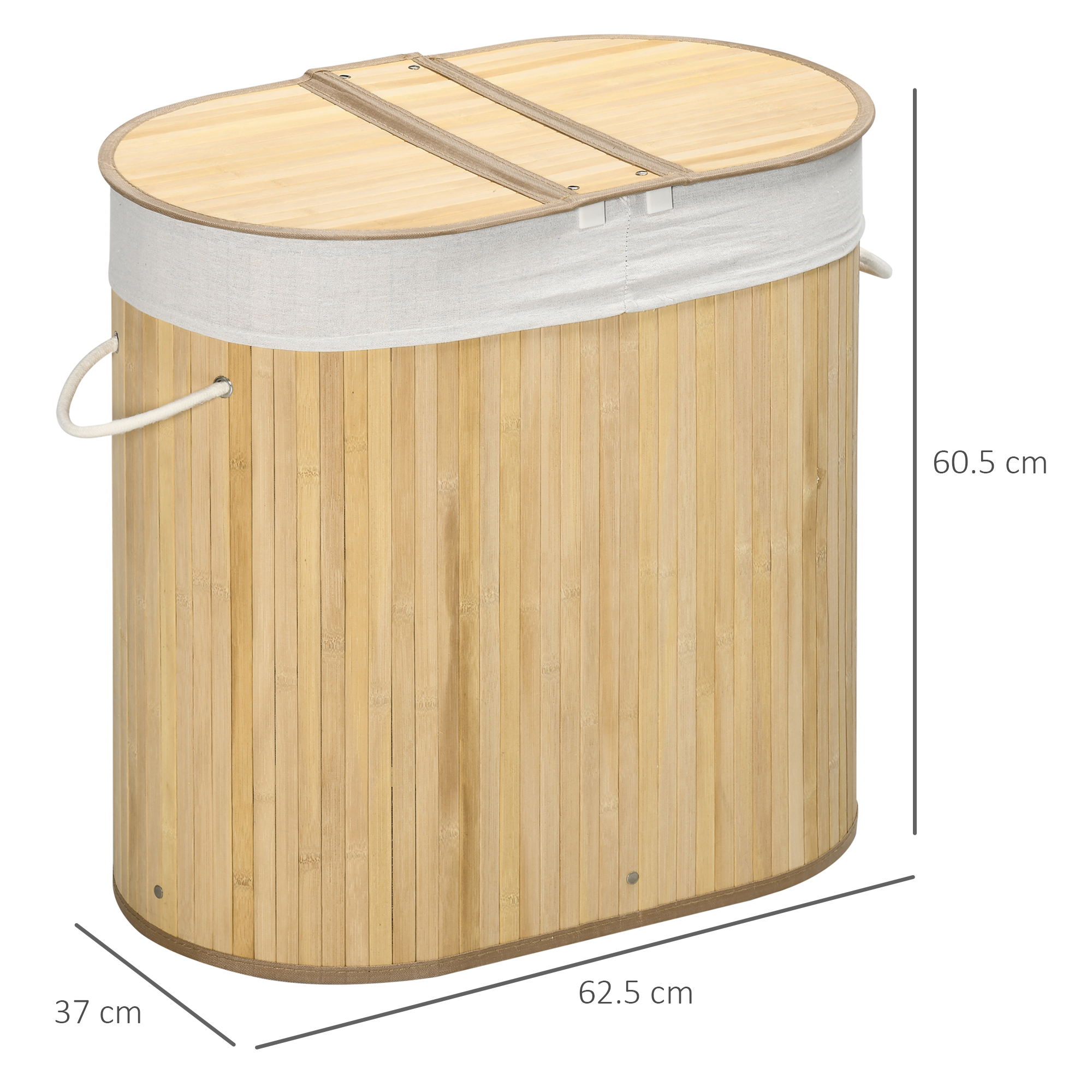  Cos de rufe din bambus cu capac, 100 litri cu 2 sectiuni, captuseala detasabila lavabila, 62,5 x 37 x 60,5 cm, natural [2]